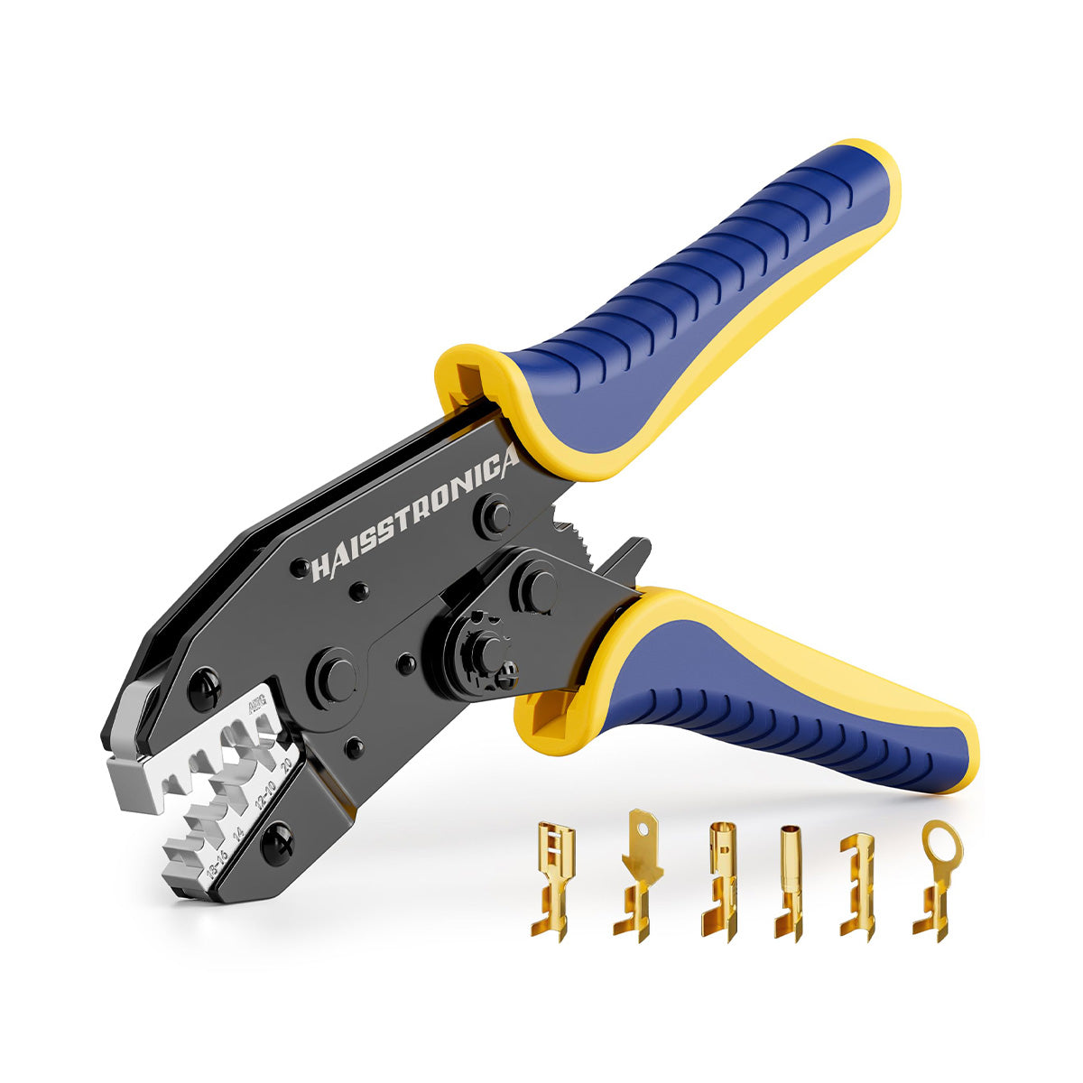 Haisstronica Crimping Tool for Non-Insulated Open Barrel Terminals - Black body, blue/yellow handles, metallic jaws.