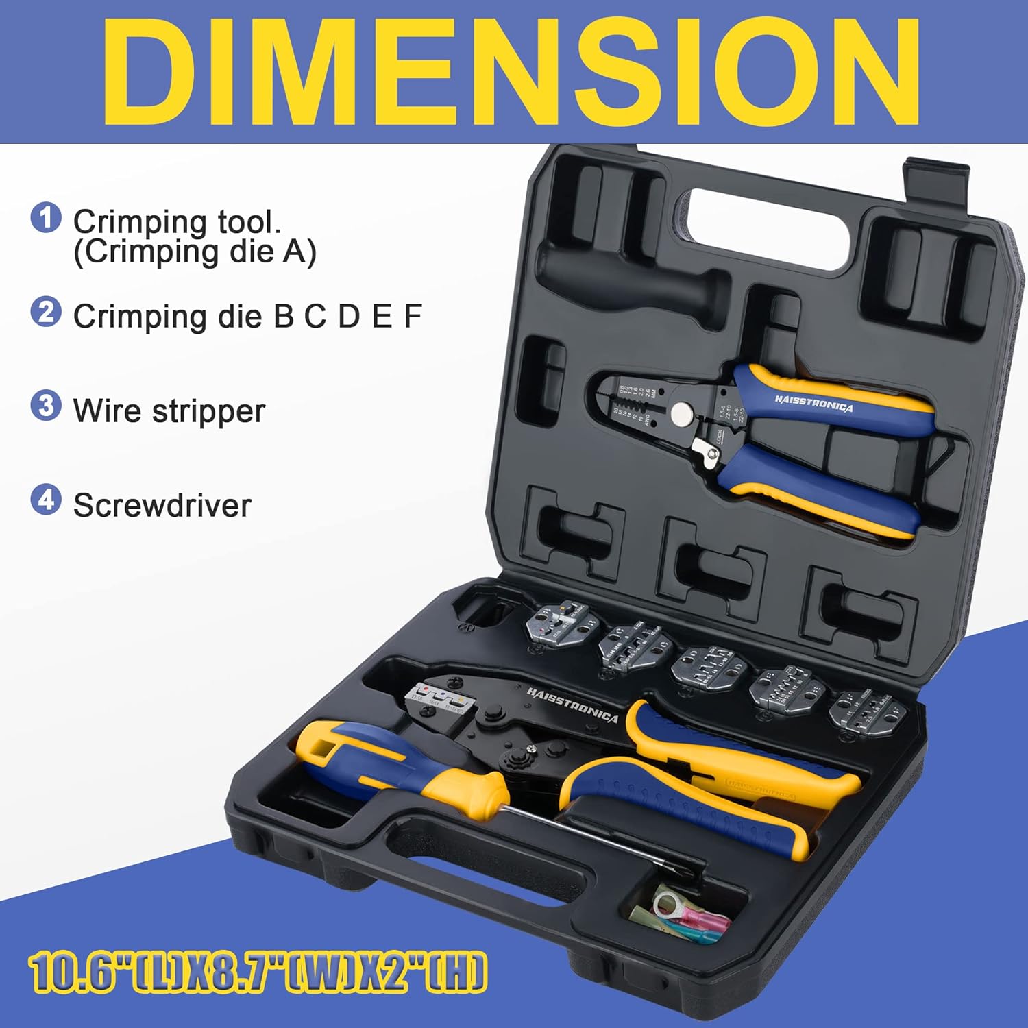 Haisstronica crimping die set includes dies A-F for versatile applications, compatible with 10.6" crimping tools and wire strippers.