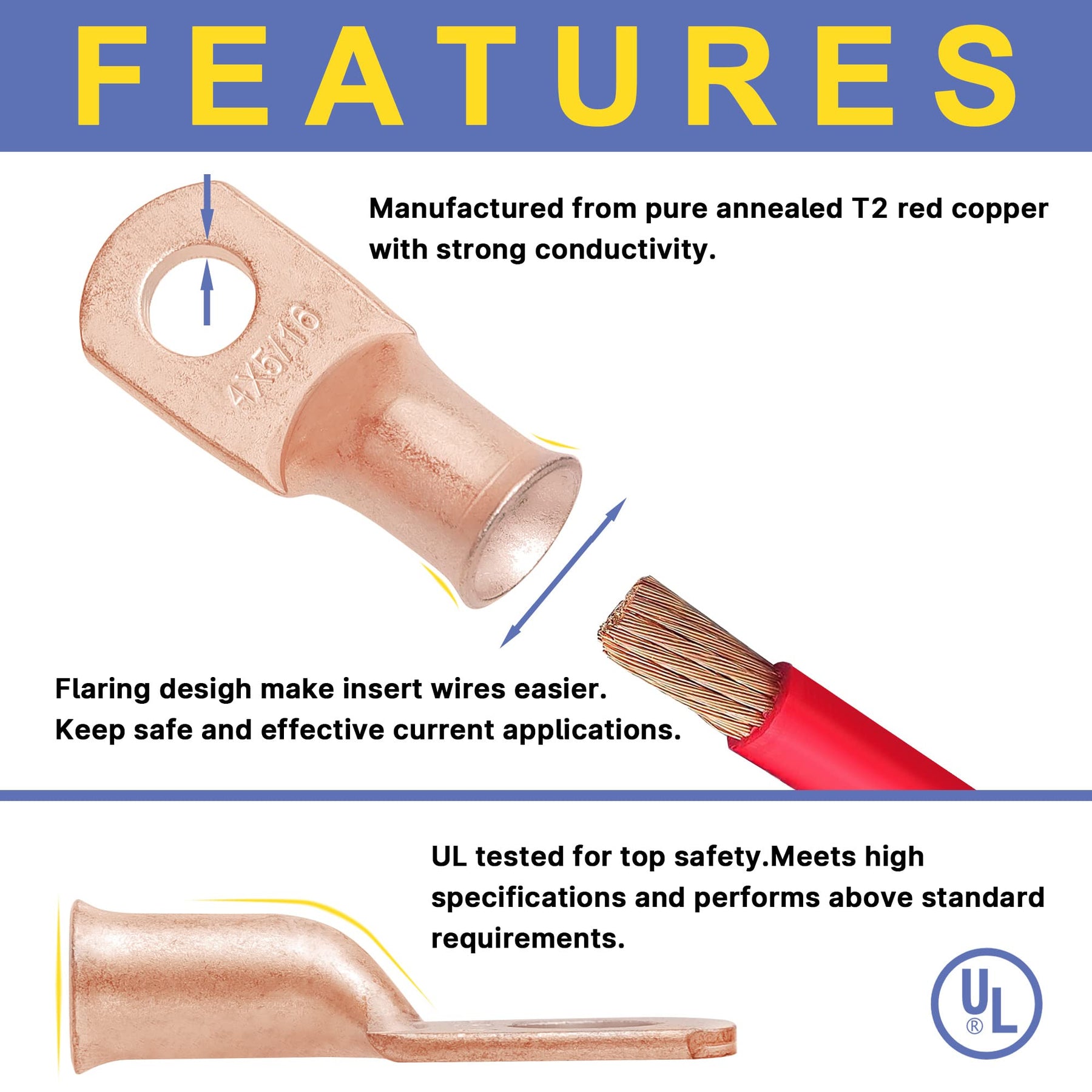 Haisstronica copper battery cable ends: Pure T2 copper lugs, UL-tested for safe and efficient electrical conductivity.