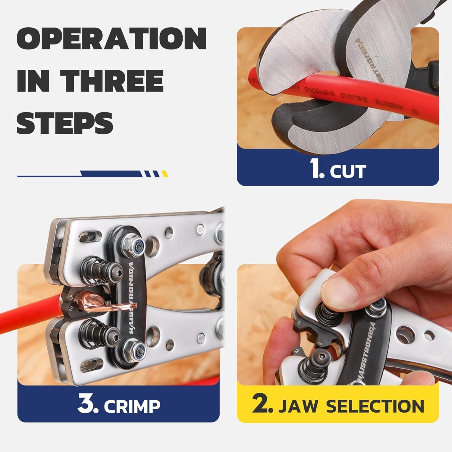 Haisstronica battery terminal crimper: 3-step operation (cut, jaw selection, crimp) for precise 1/0-8 AWG battery lugs.