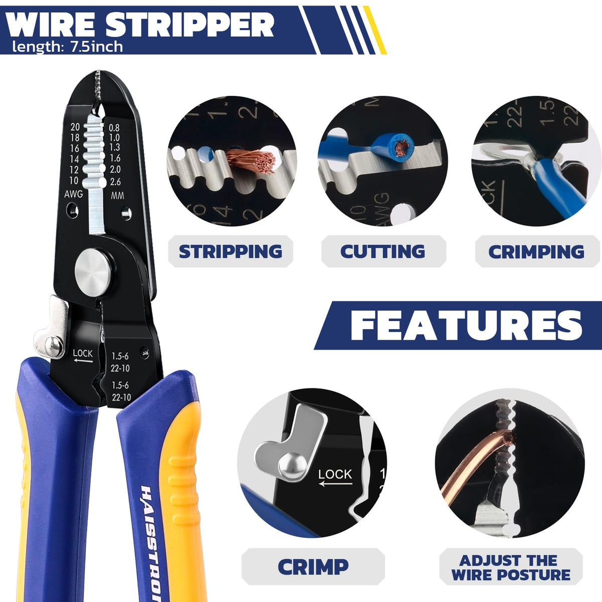 Haisstronica solar wire stripper with 7.5-inch multi-tool (stripping, cutting, crimping) and posture adjustment for precise solar cable work.