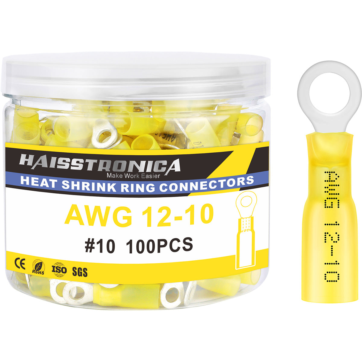 Heat Shrink Wire Connectors Ring Terminals 80/100/150/200PCS AWG 22-10 #10, 1/4", 5/16", 3/8" - (Bottlte)