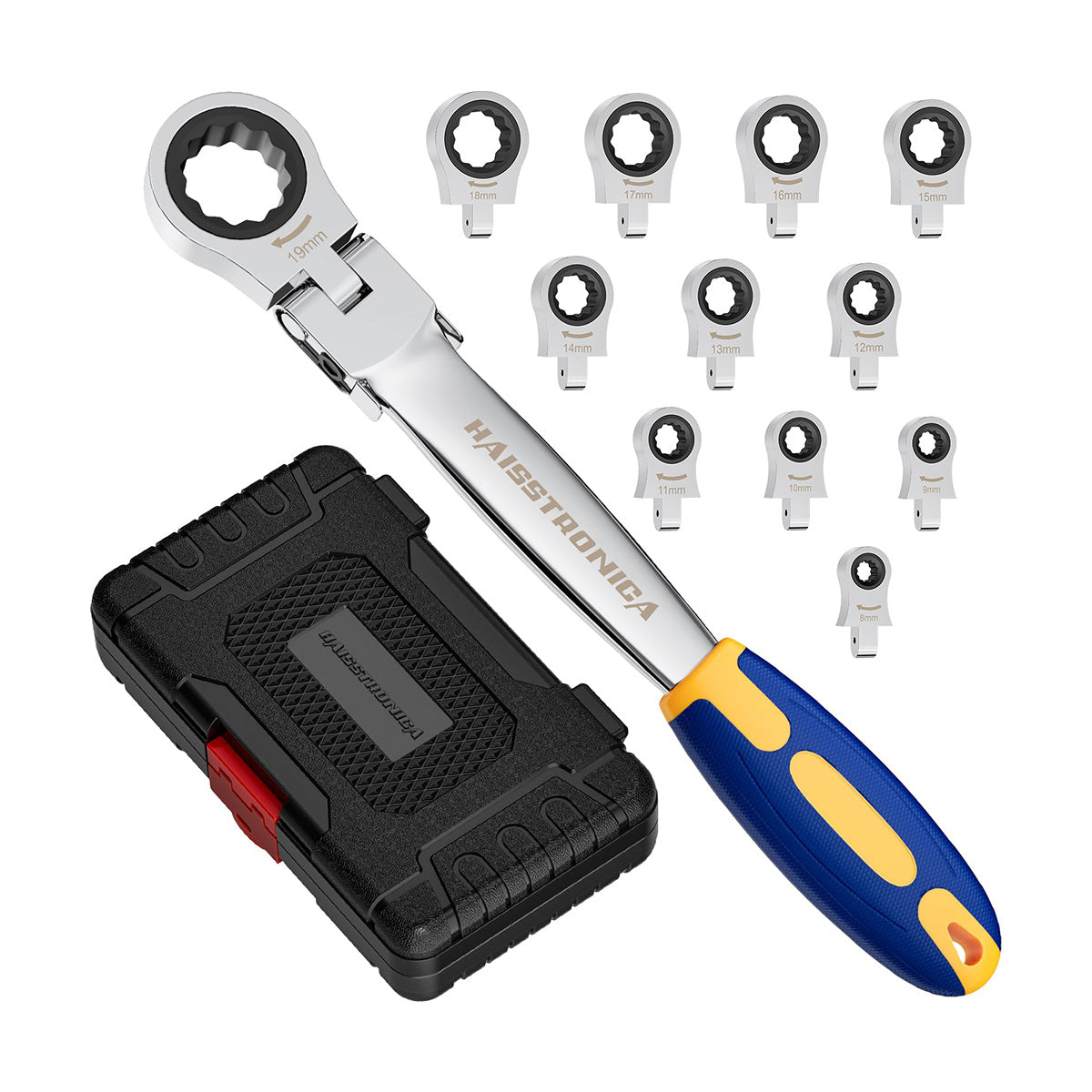 Haisstronica flex ratchet wrench set, 19mm adjustable head, black case with red latch, compact design.