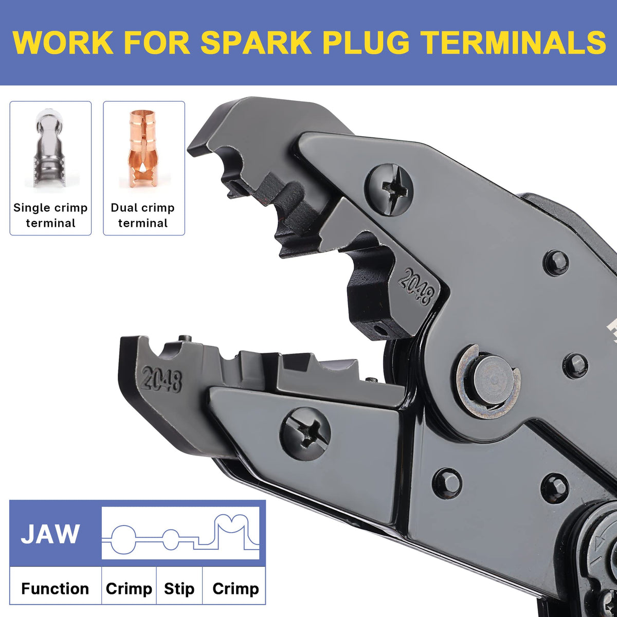 Haisstronica spark plug crimper: 3-hole design, adjustable crimping force, and quick-release lever for efficient terminal work.