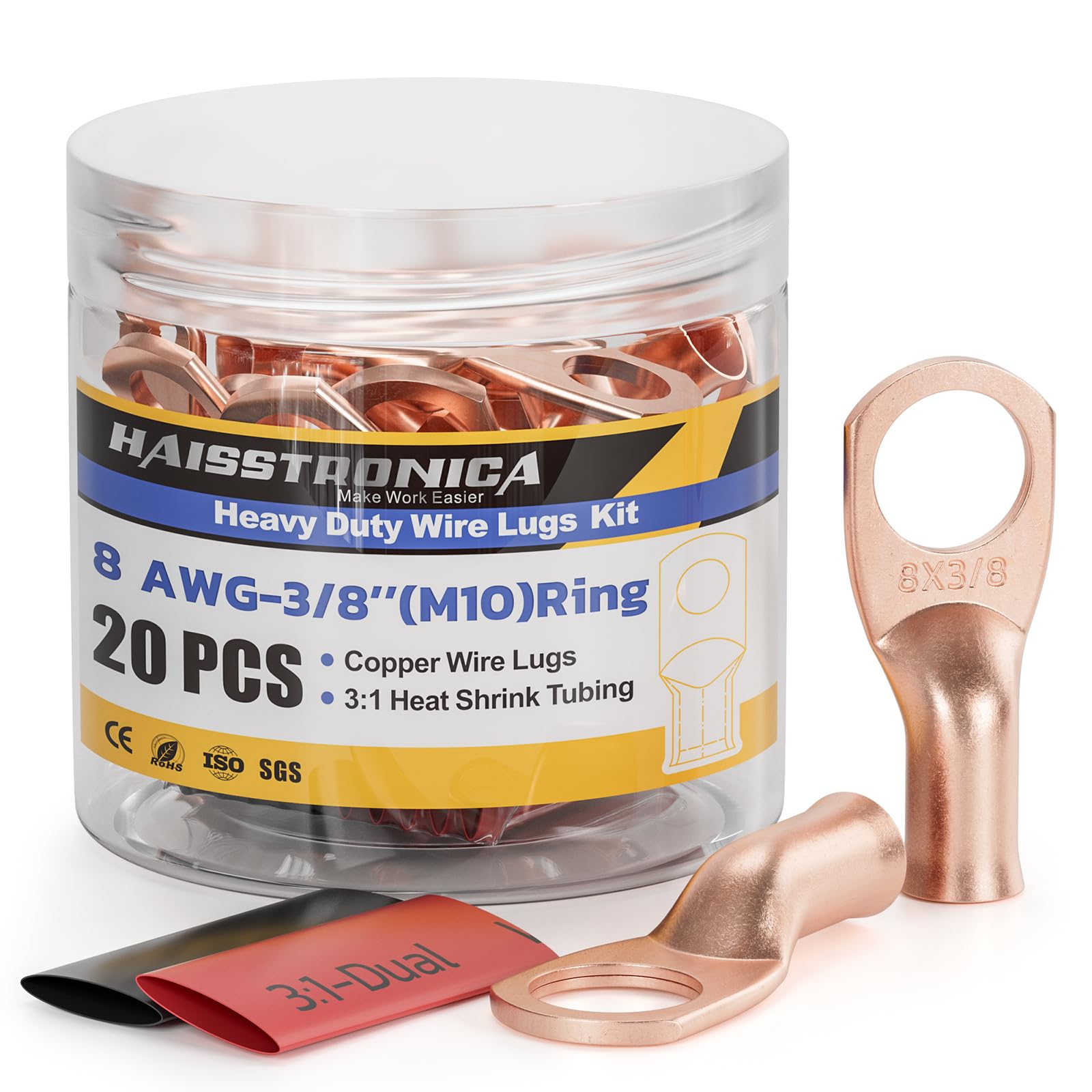 Haisstronica Heavy-Duty 8 AWG-3/8" Copper Terminal Connectors – M10 Lugs, 20PCS (RoHS Compliant).