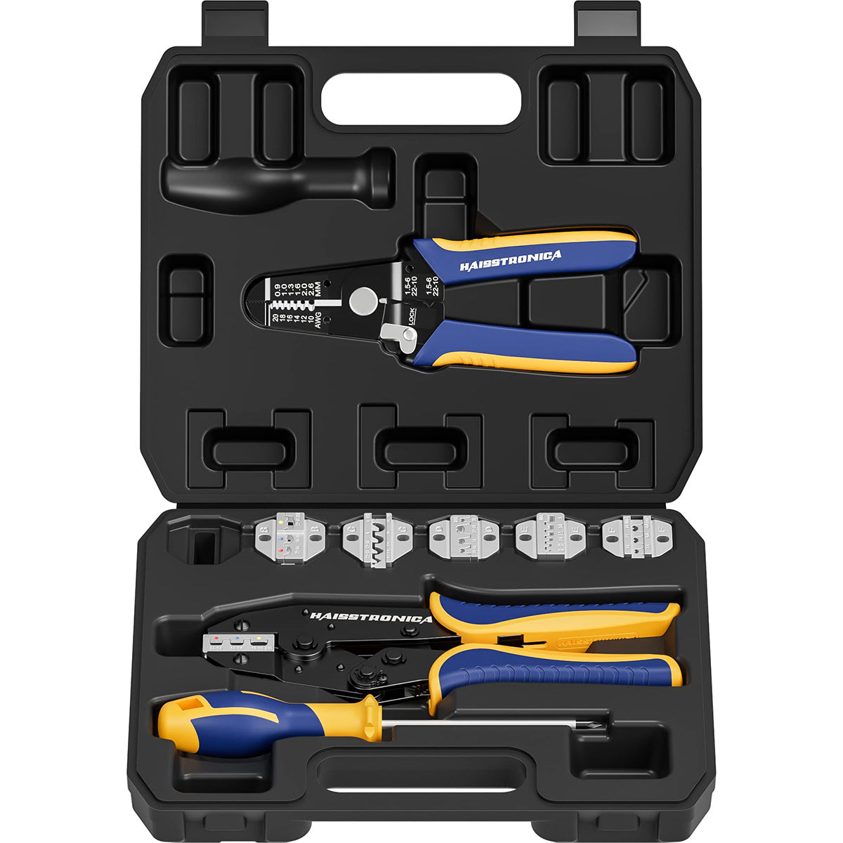 Haisstronica crimping tool set, black case with blue/yellow tools, 0.75-24mm² dies, AWG 12-10 markings, portable storage compartments.