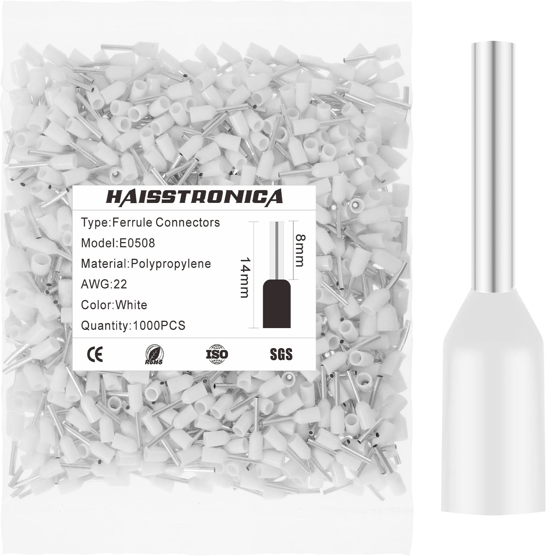 Haisstronica E0508 white nylon wire end ferrules, AWG 22, 1000PCS, corrosion-resistant for long-lasting performance.