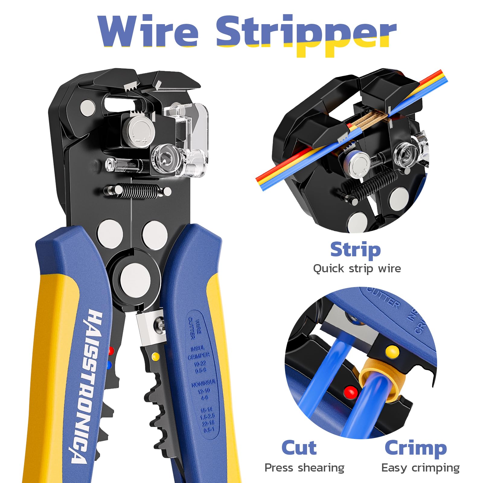 Haisstronica wire/cable stripper, cutting & crimping, blue/yellow, press shear, easy crimping.