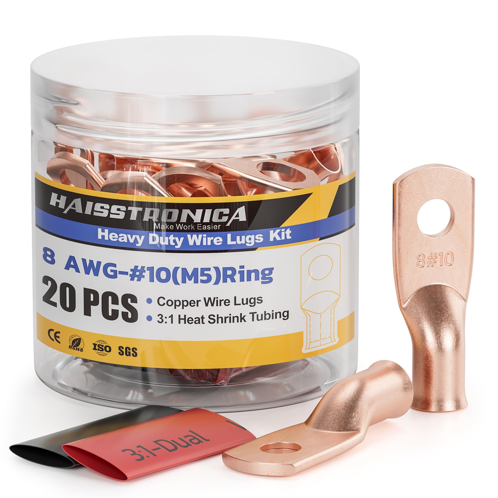 20PCS Bare Battery Cable Copper Wire Lugs with 10pcs 3:1 Adhesive Heat Shrink Tubing