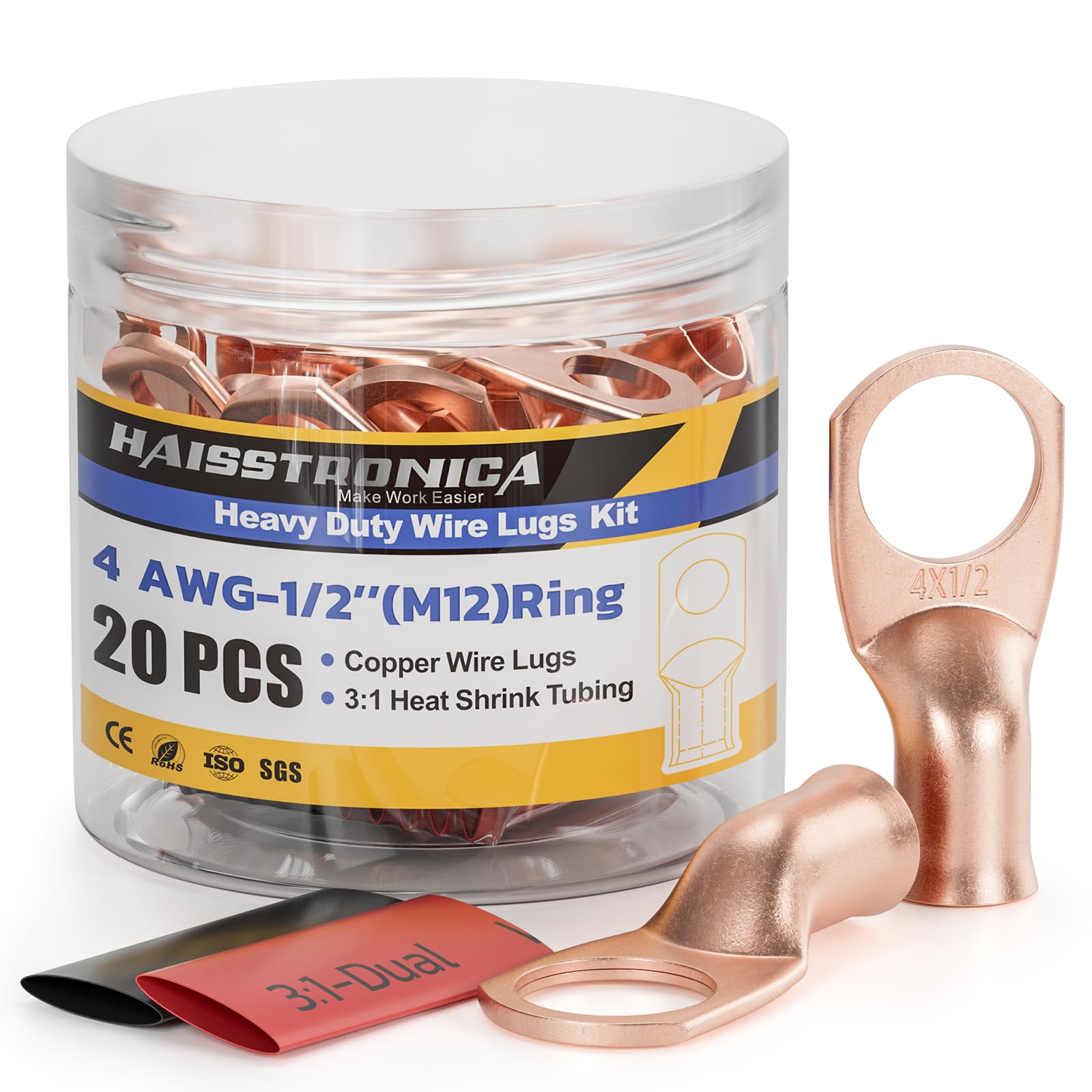 Haisstronica Crimp-On 4 AWG Battery Terminals – 1/2" M12 Copper Lugs, 3:1 Dual Shrink Tubing (20PCS).