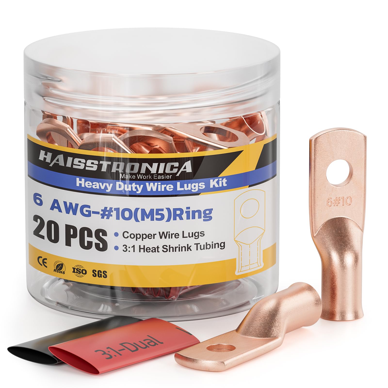 20PCS Bare Battery Cable Copper Wire Lugs with 10pcs 3:1 Adhesive Heat Shrink Tubing
