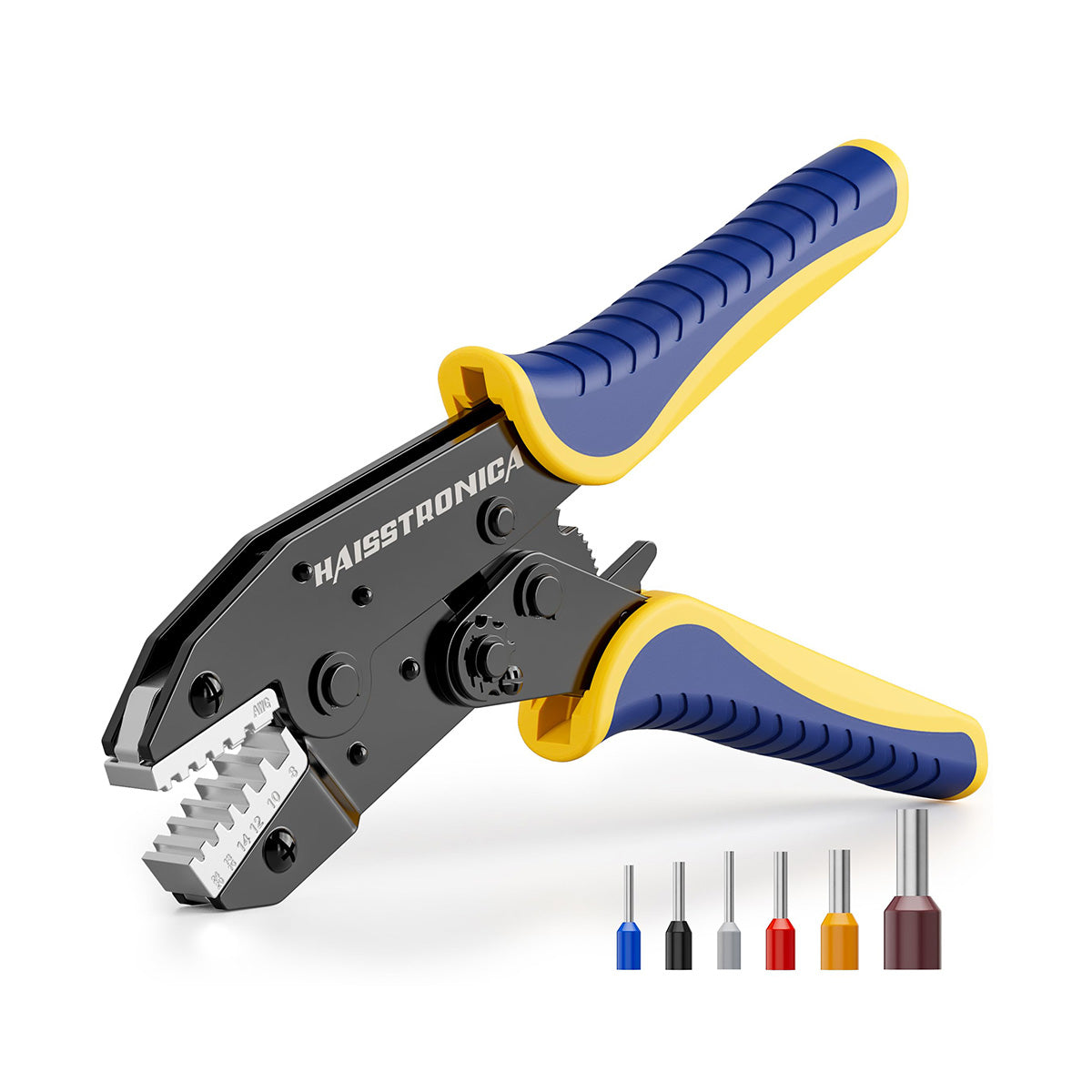Haisstronica Wire Crimping Tool - Black body, blue/yellow handles. Professional design with HAISSTRONICA branding.