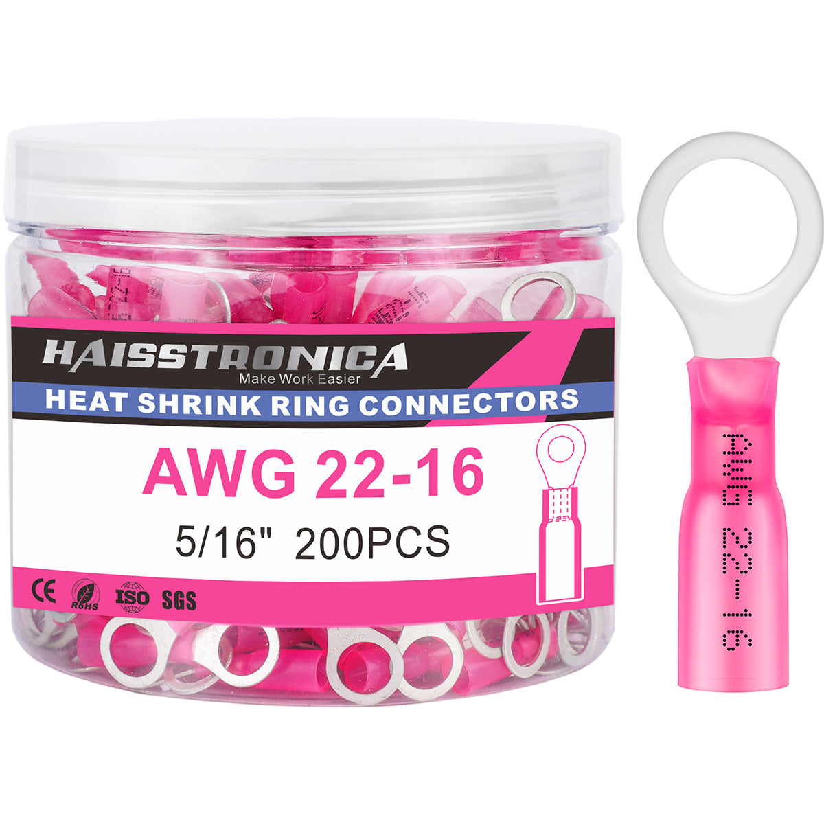 Haisstronica heat shrink ring terminals, 5/16"200PCS, compatible with AWG 22-16 cables.