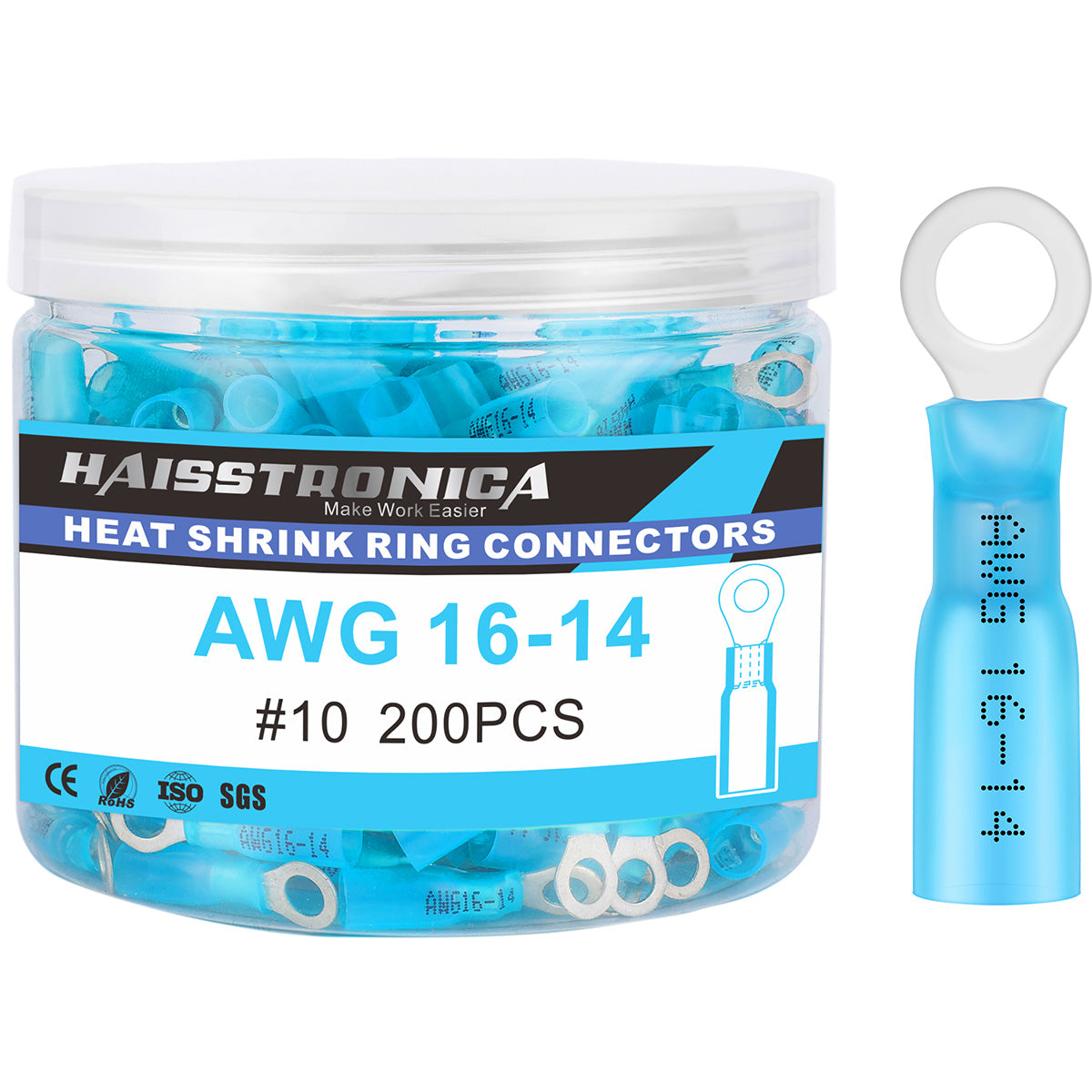Heat Shrink Wire Connectors Ring Terminals 80/100/150/200PCS AWG 22-10 #10, 1/4", 5/16", 3/8" - (Bottlte)