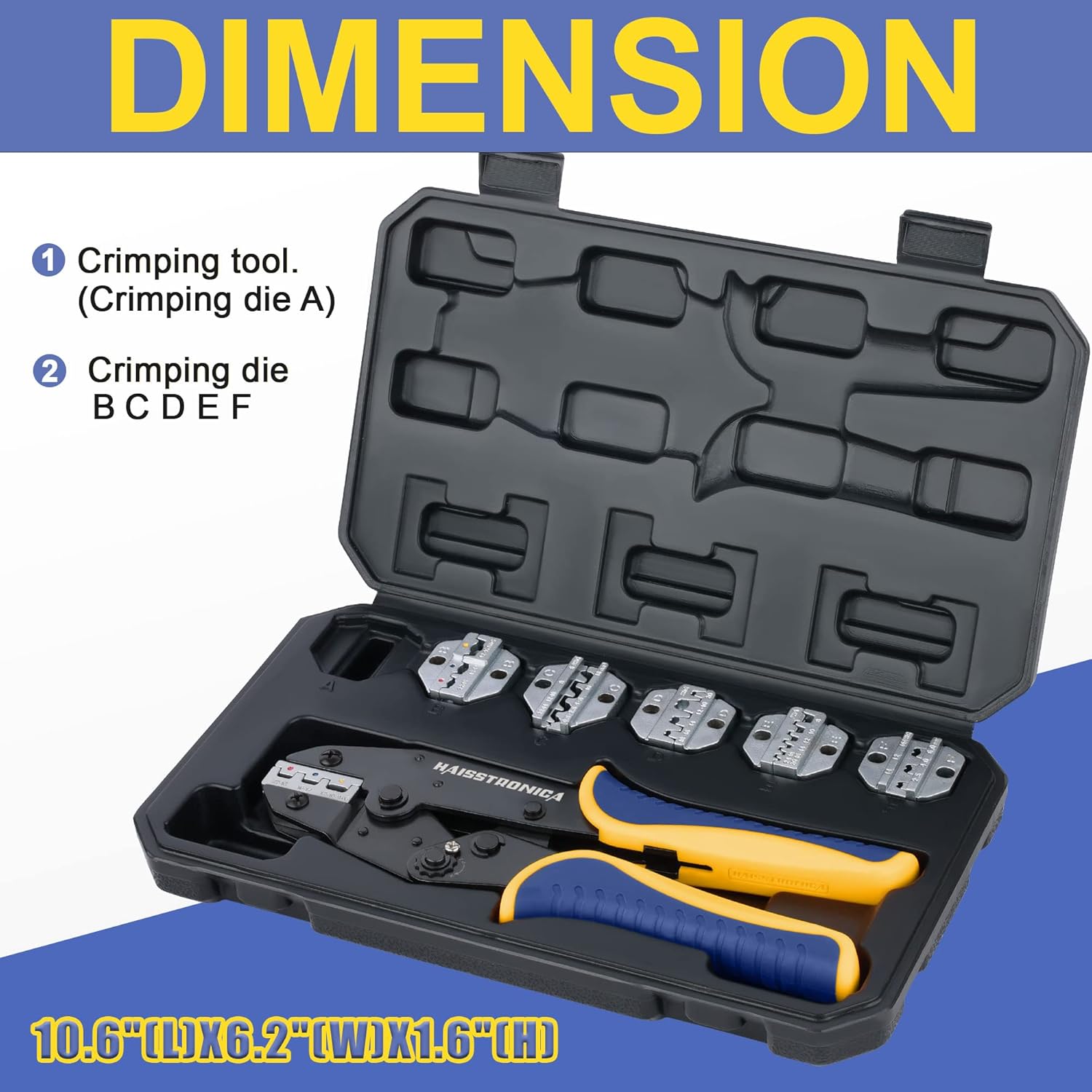 Haisstronica ratchet crimping tool set with interchangeable dies (A-F) and compact 10.6" design for confined workspaces.