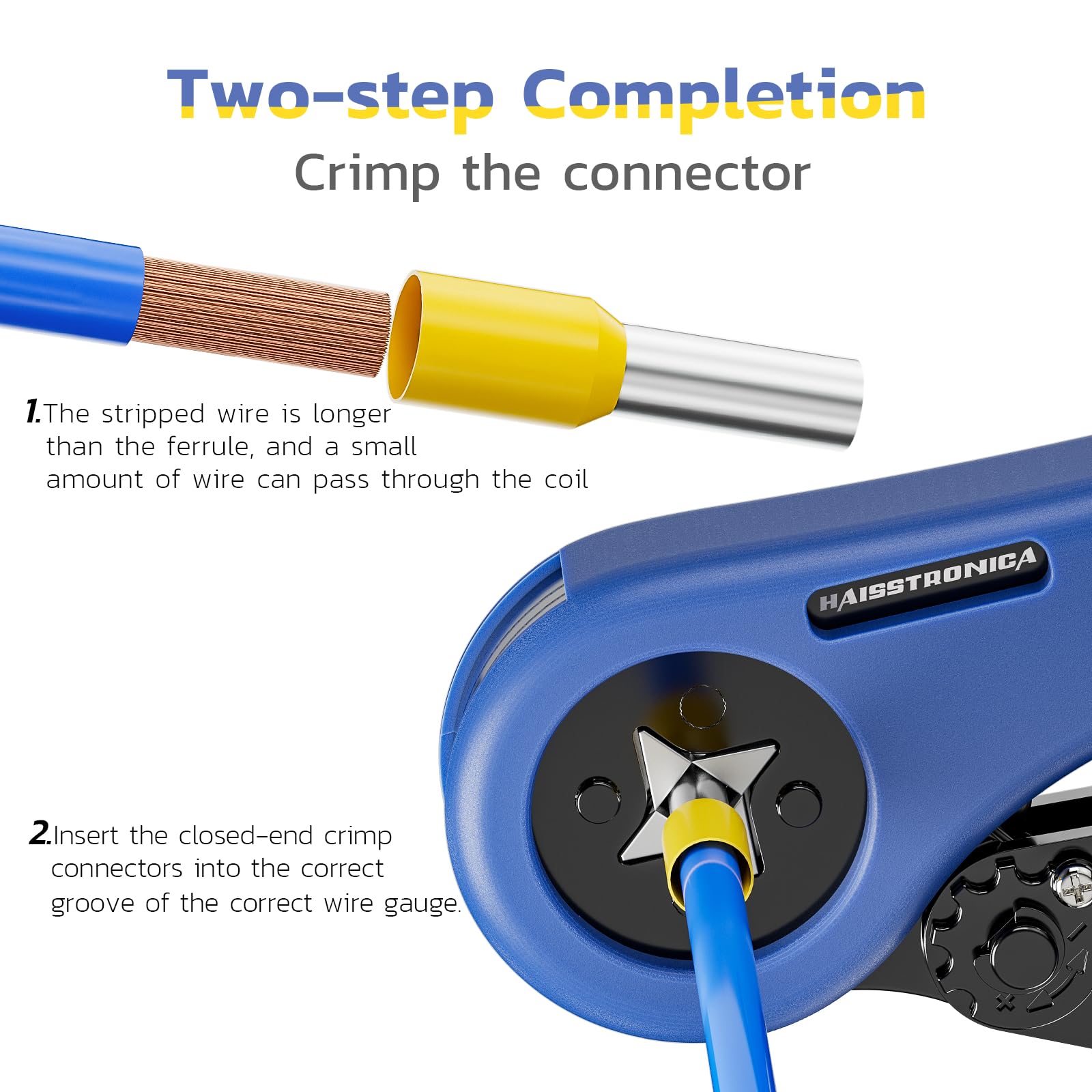 HAISSTRONICA Wire Ferrule Tool: Two-step process (strip wire, insert into grooves). AWG 28-7.
