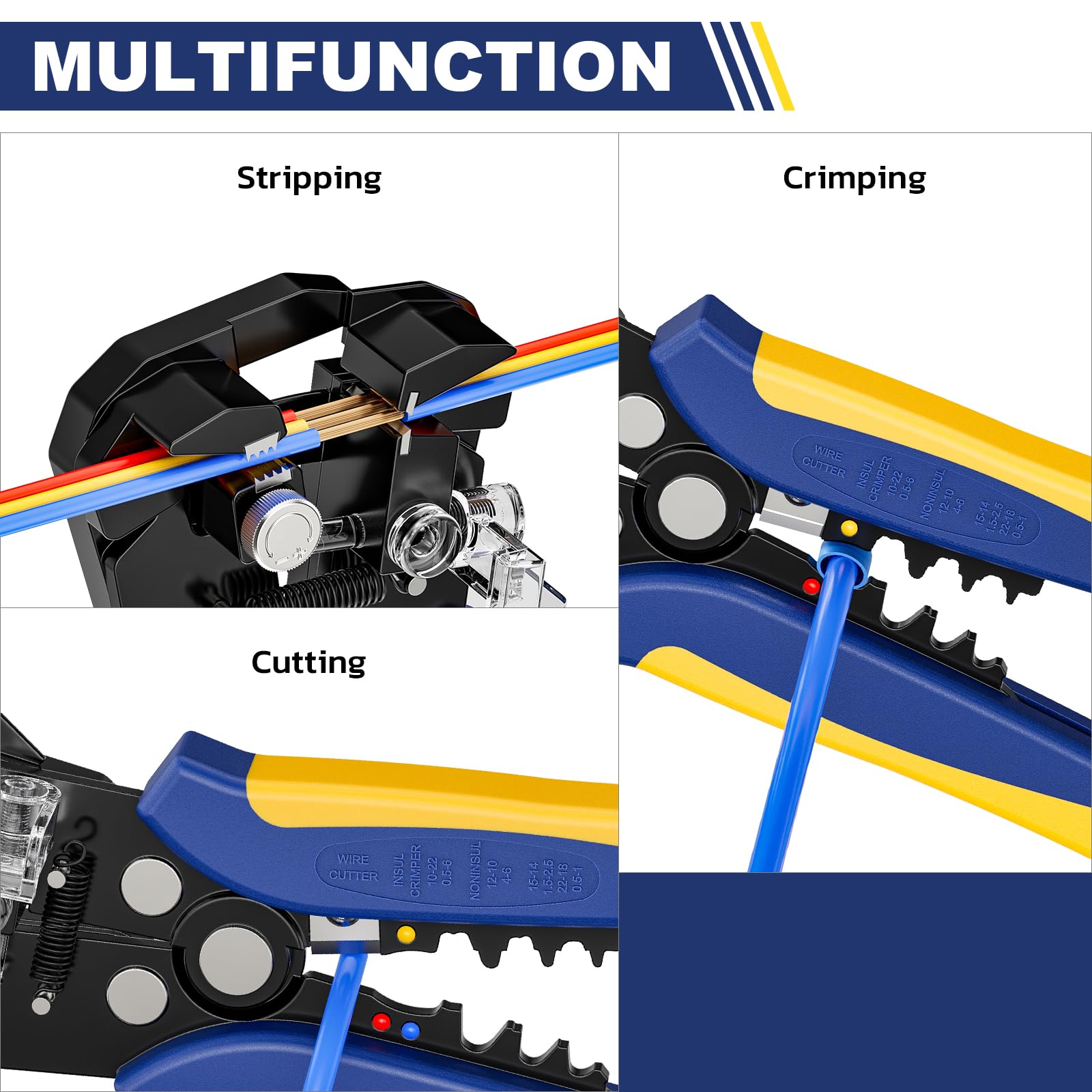 Haisstronica Multifunction Wire Stripper tool showing stripping, crimping and cutting functions