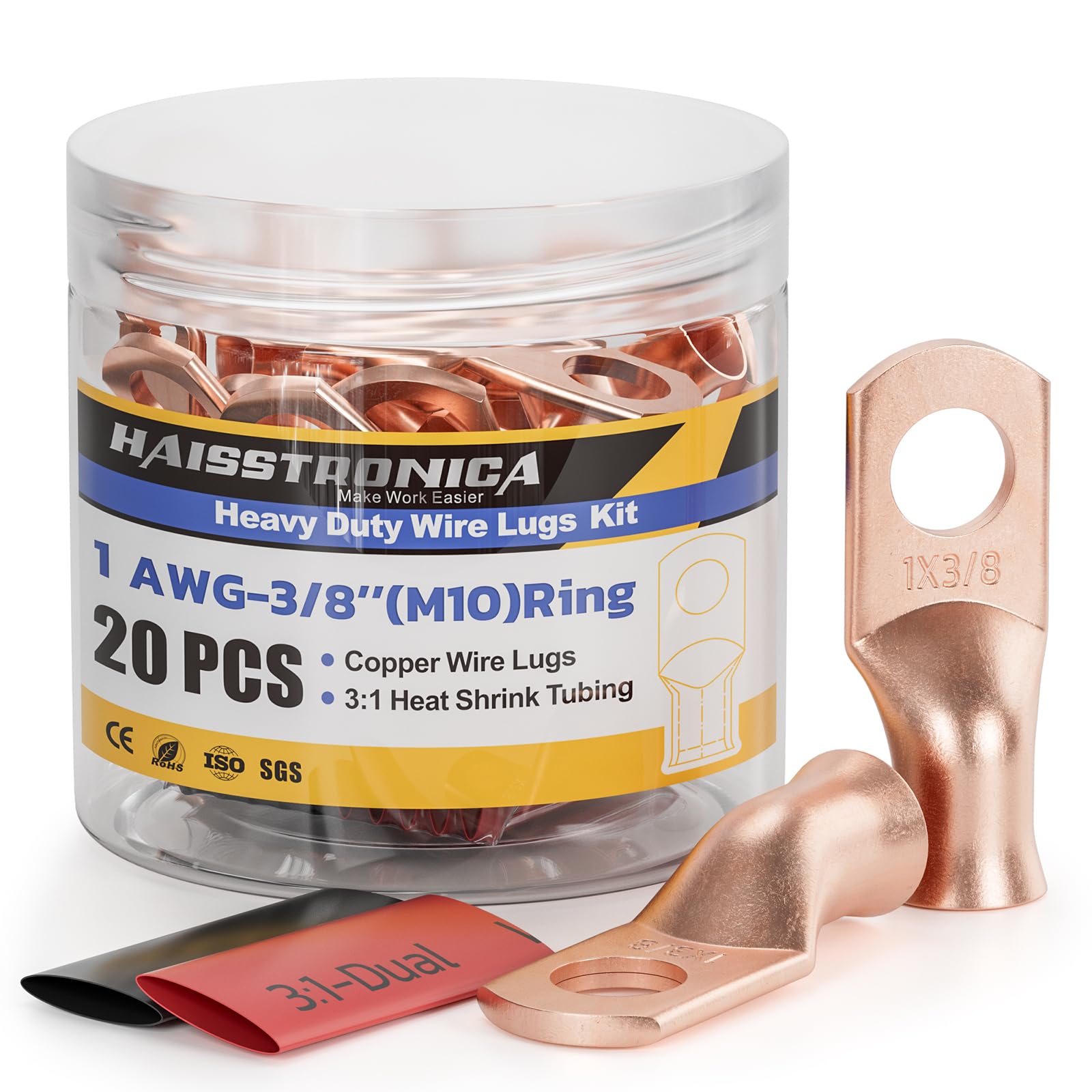 Haisstronica 1 AWG-3/8" M10 battery cable terminal ends, 43.6mm length, 3:1 dual-wall corrosion resistance.