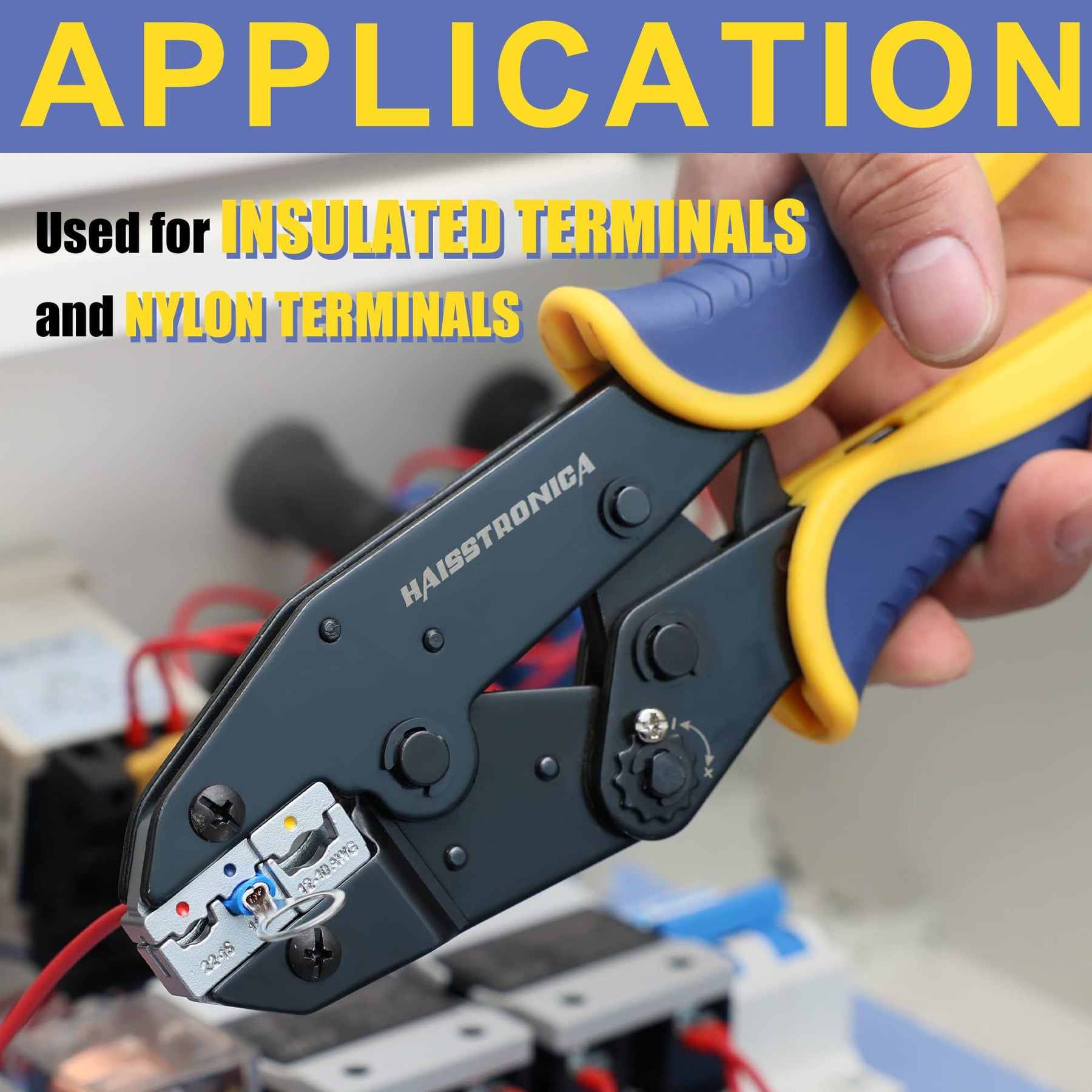Haisstronica Crimping Tool in use - Insulated & nylon terminals on red wire. Professional electrical setup.