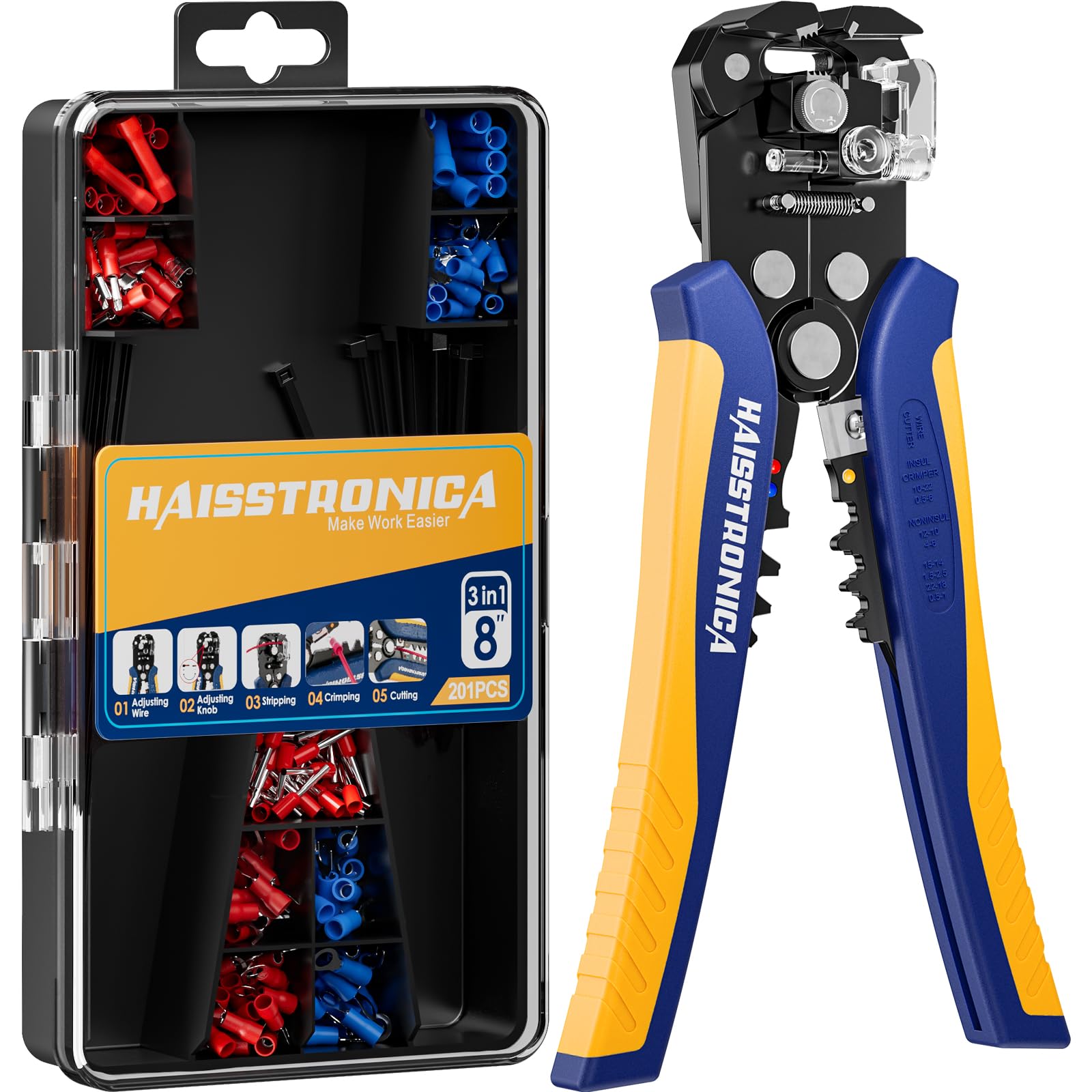 Haisstronica electrical connectors multi-tool set with 201PCS, featuring 5-step functions: aligning, adjusting, stripping, crimping, and cutting for professional wiring tasks.