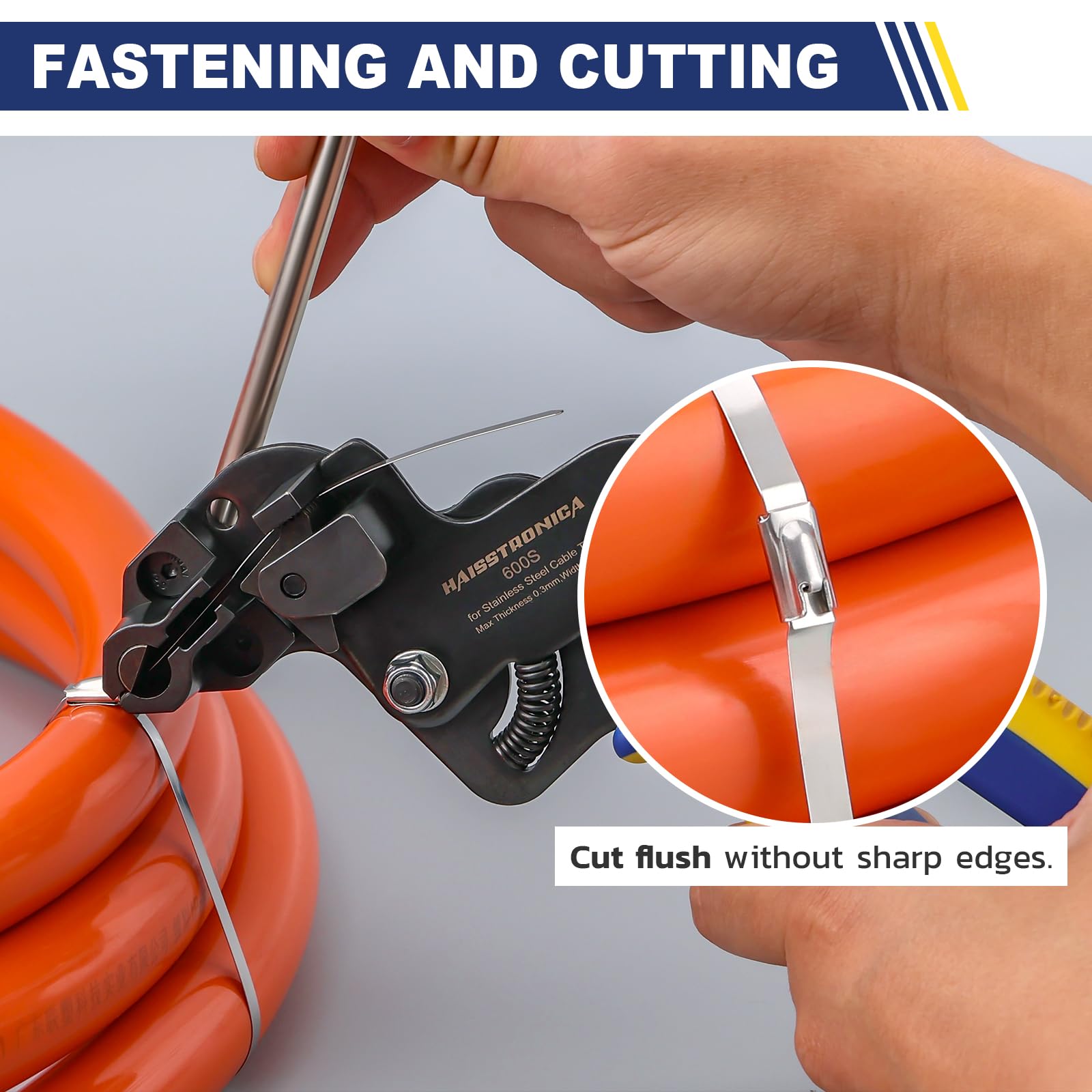 haisstronica zip tie gun tightens stainless steel bands and cuts flush without sharp edges; clean, safe bundles.