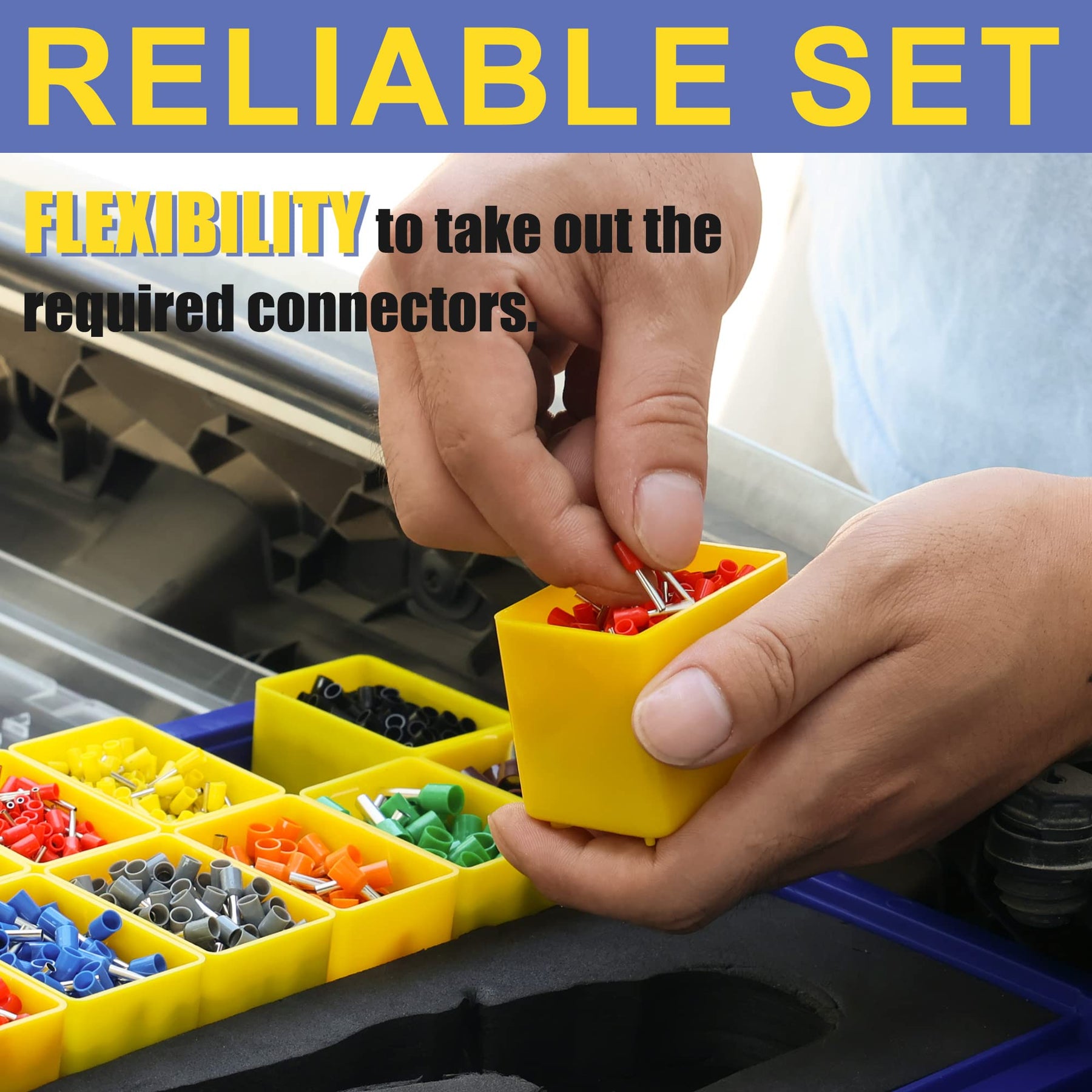 Haisstronica wire ferrule crimping tool set, reliable connectors in color-coded containers, AWG 7-22, vehicle/machinery use.