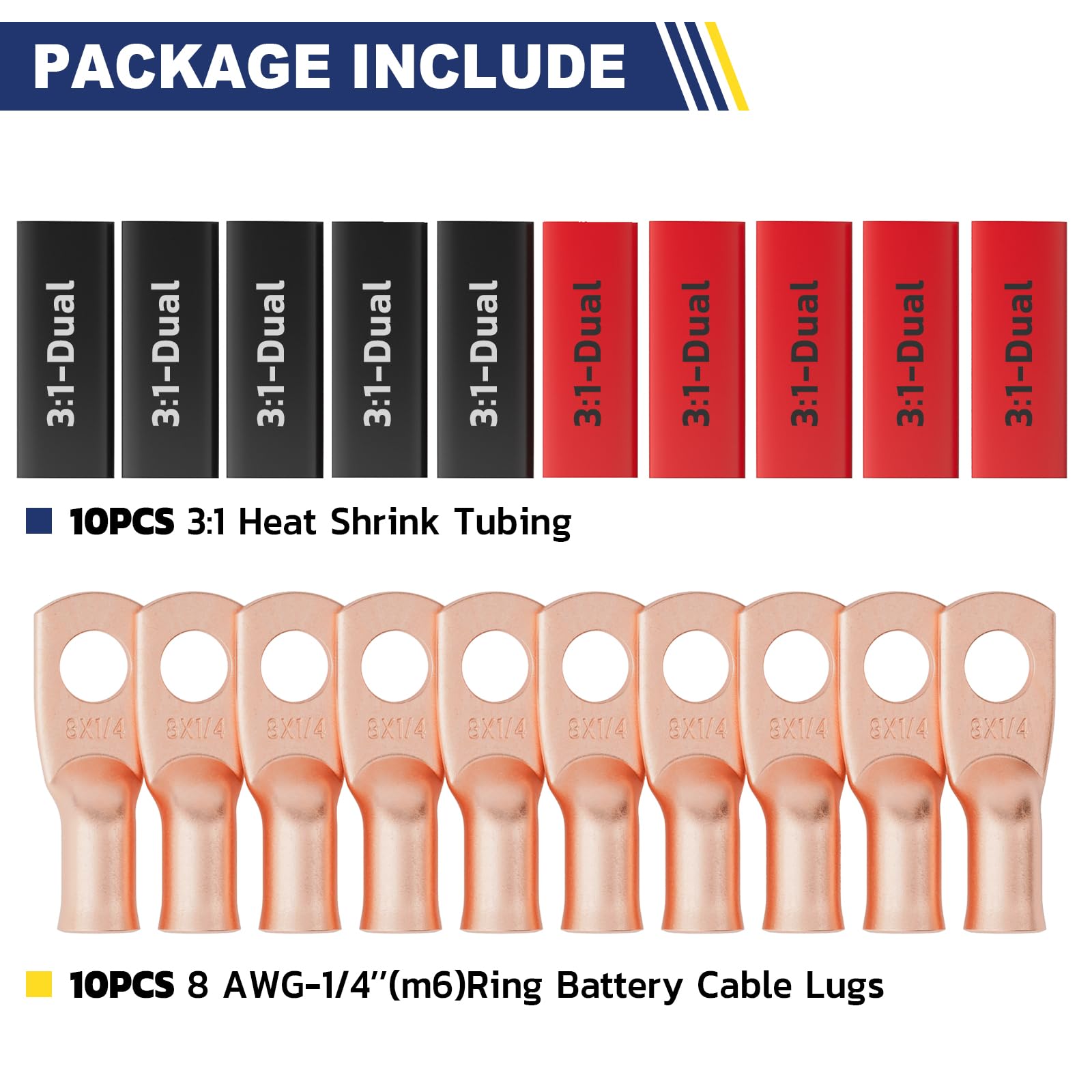 Haisstronica 8 AWG-1/4" M6 ring battery cable terminal ends, 10PCS, includes 3:1 dual-wall heat shrink tubes.
