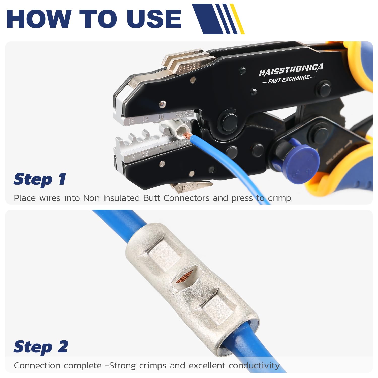 Step-by-step use of Haisstronica uninsulated butt connectors: crimp wires for strong, corrosion-resistant electrical joints.