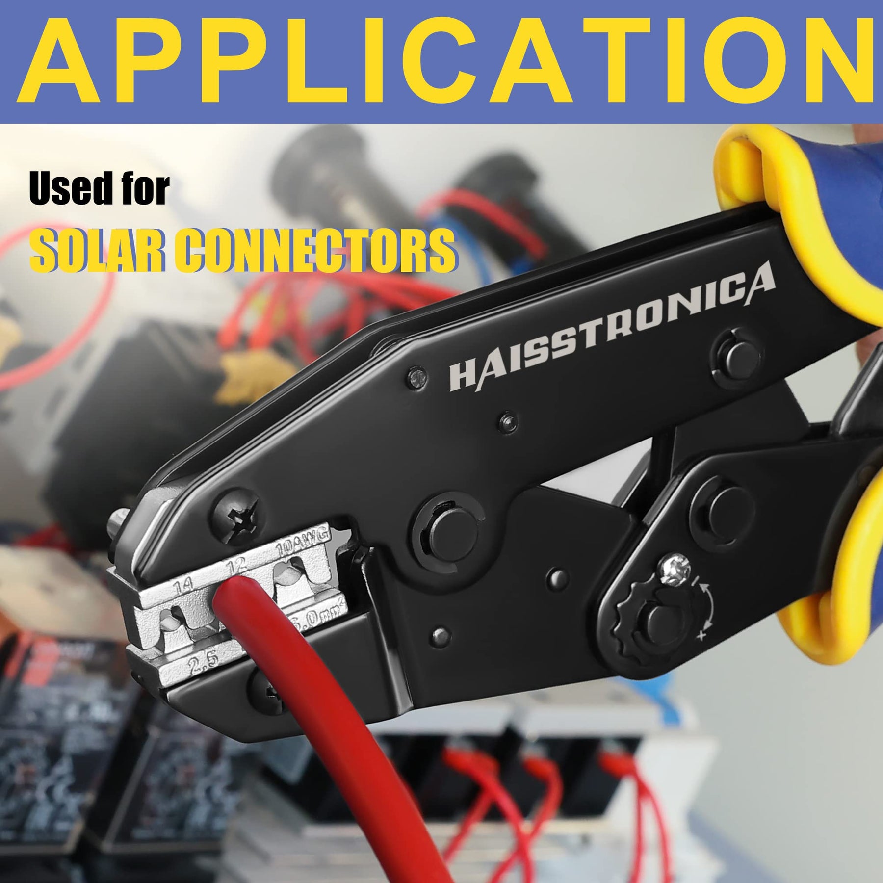 Haisstronica crimper dies for solar connectors (AWG 14-10) with corrosion-resistant EDM-cut precision.