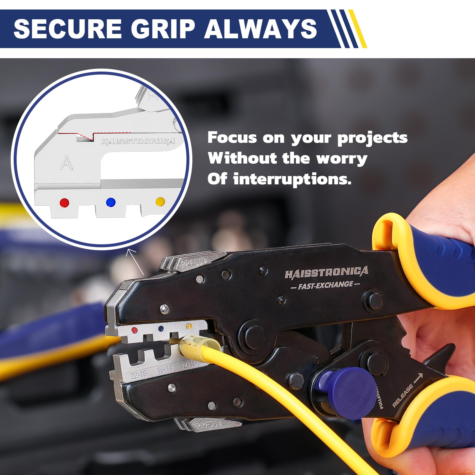 Haisstronica terminal crimpers, FAST-EXCHANGE jaws, ergonomic blue/yellow handles, PRESSY mechanism, 12-16 AWG markings.