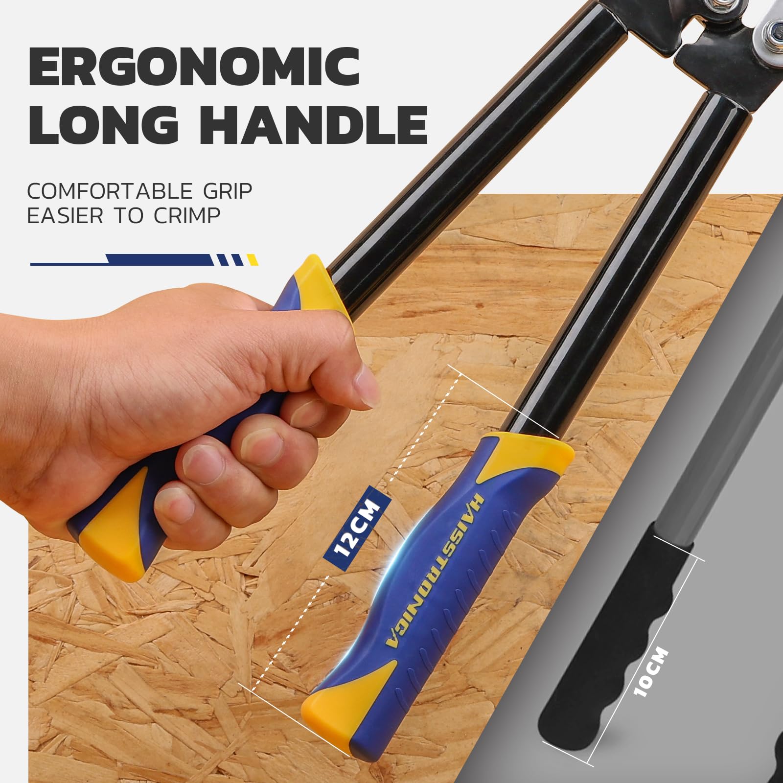 Haisstronica battery terminal crimping tool with ergonomic long handles and non-slip grip for high-pressure crimping tasks.