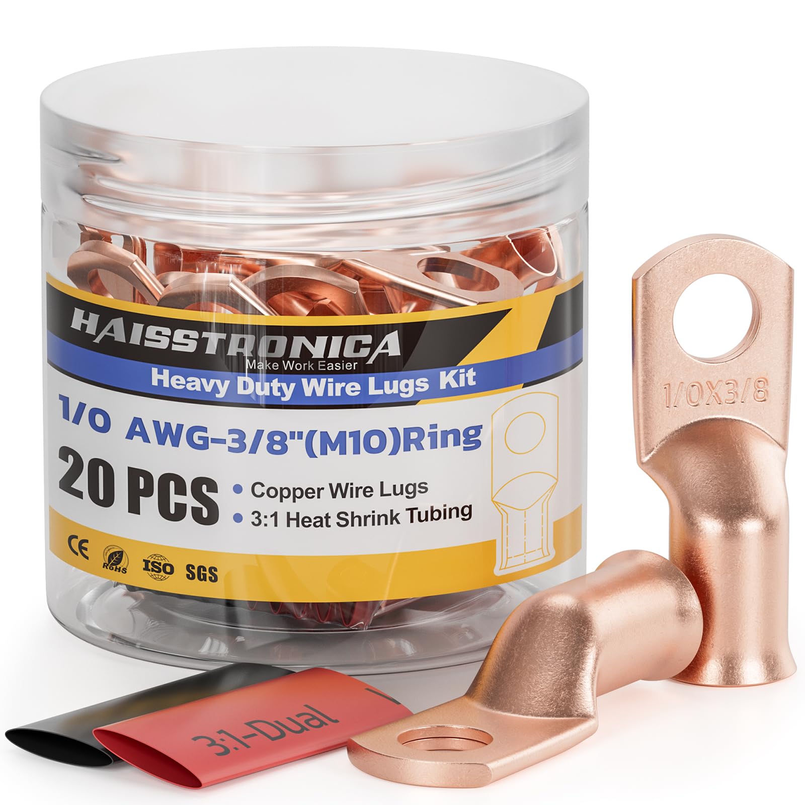 Heavy-duty Haisstronica battery cable terminals kit: 20 PCS 1/0 AWG-3/8" copper lugs, dual-wall heat shrink tubing, ideal for top post battery terminal setups.