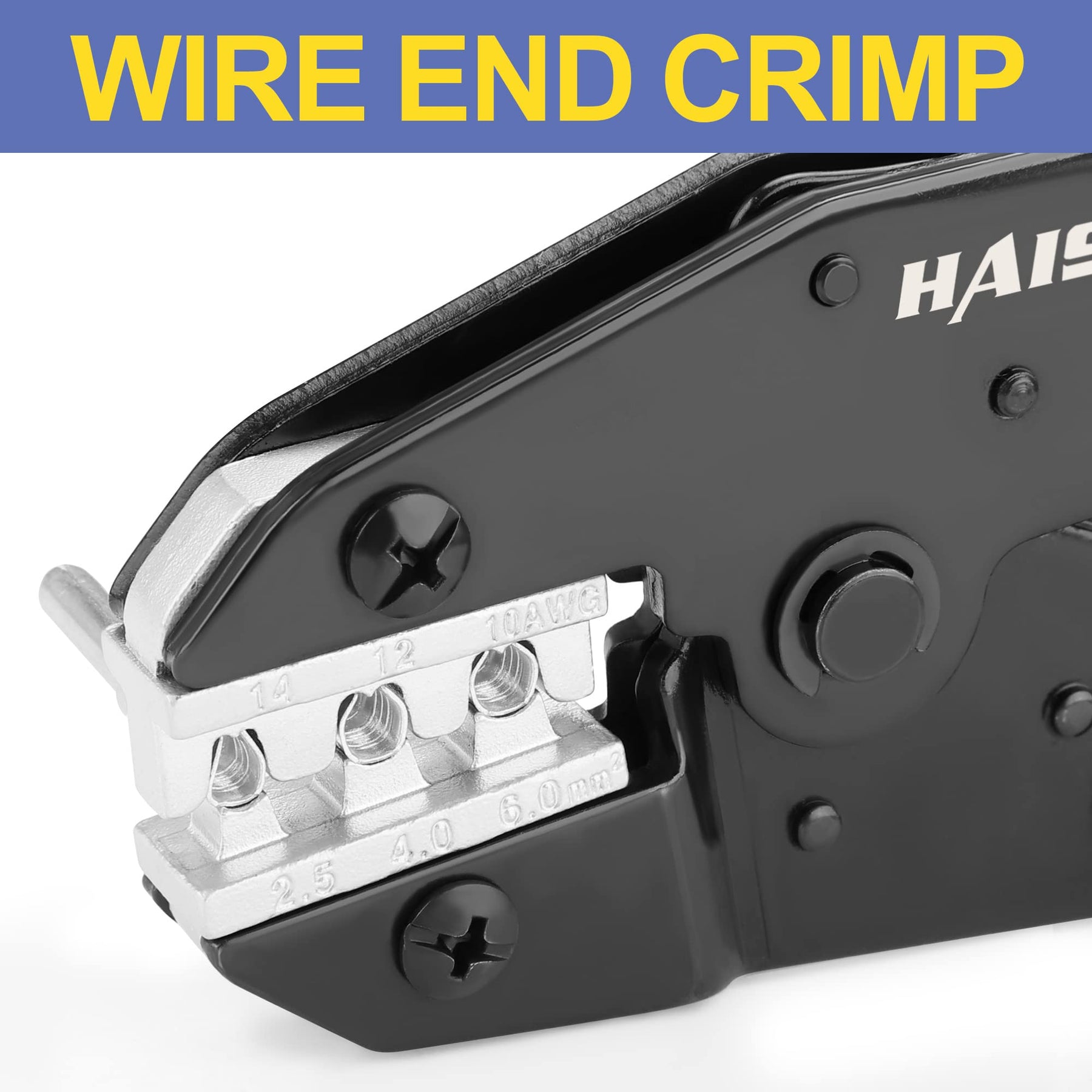 Haisstronica crimp tool die for wire end crimps (AWG 22-10) and insulated terminal applications.