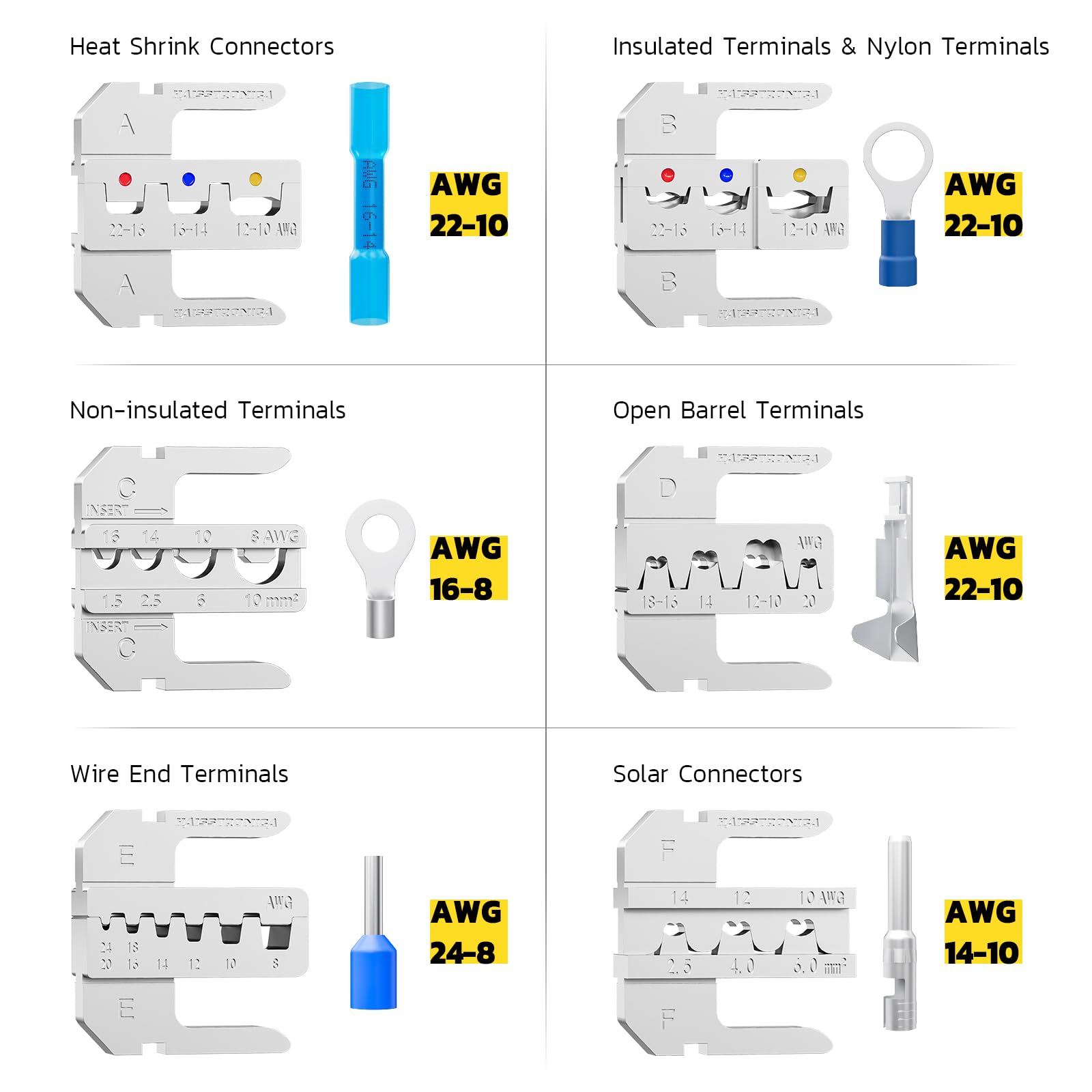 Haisstronica wire crimping tool, heat shrink connector demo, AWG 22-10, color-coded cavities (A/B), blue heat shrink tube.