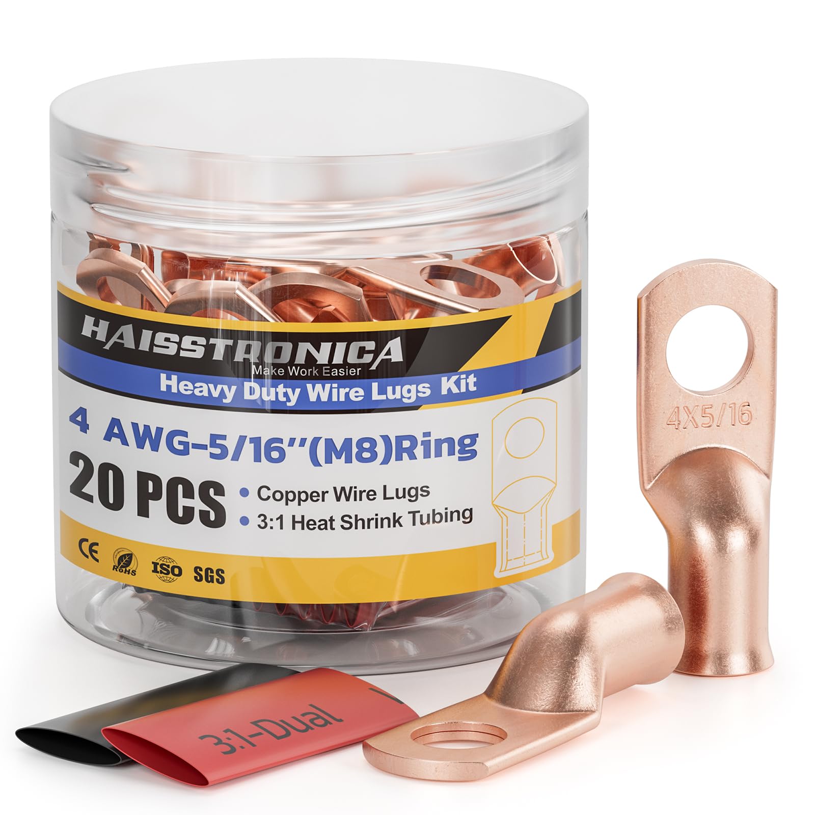 Haisstronica 20PCS 4AWG-5/16" Copper Wire Connectors with 3:1 Heat Shrink Tubing – M8 Ring Terminals for Secure Connections.