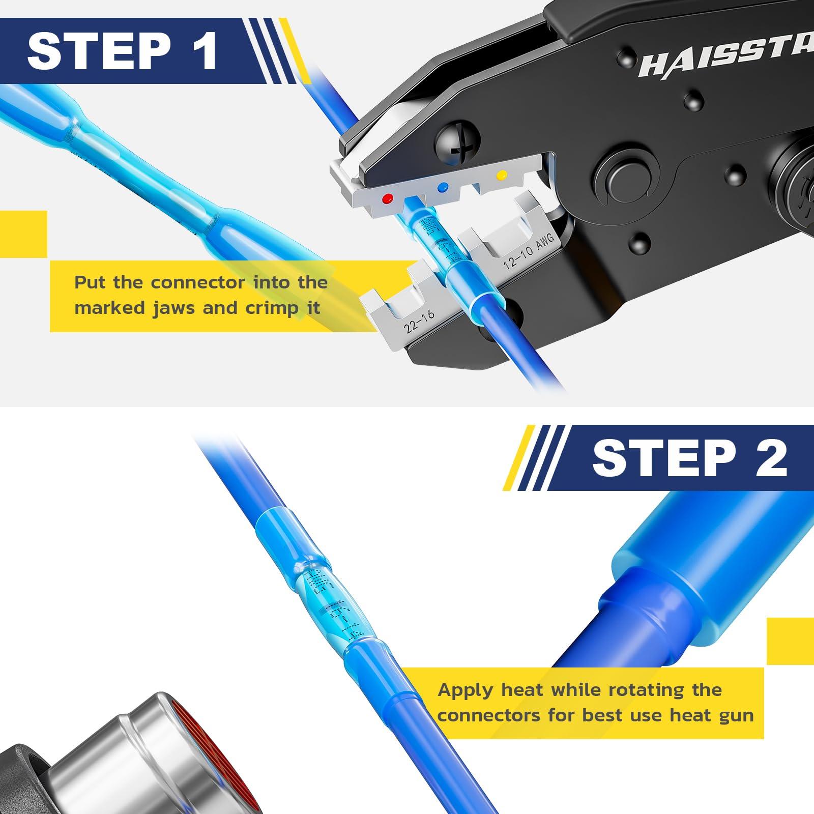 Step-by-step crimping and heating guide for Haisstronica butt splice connectors.