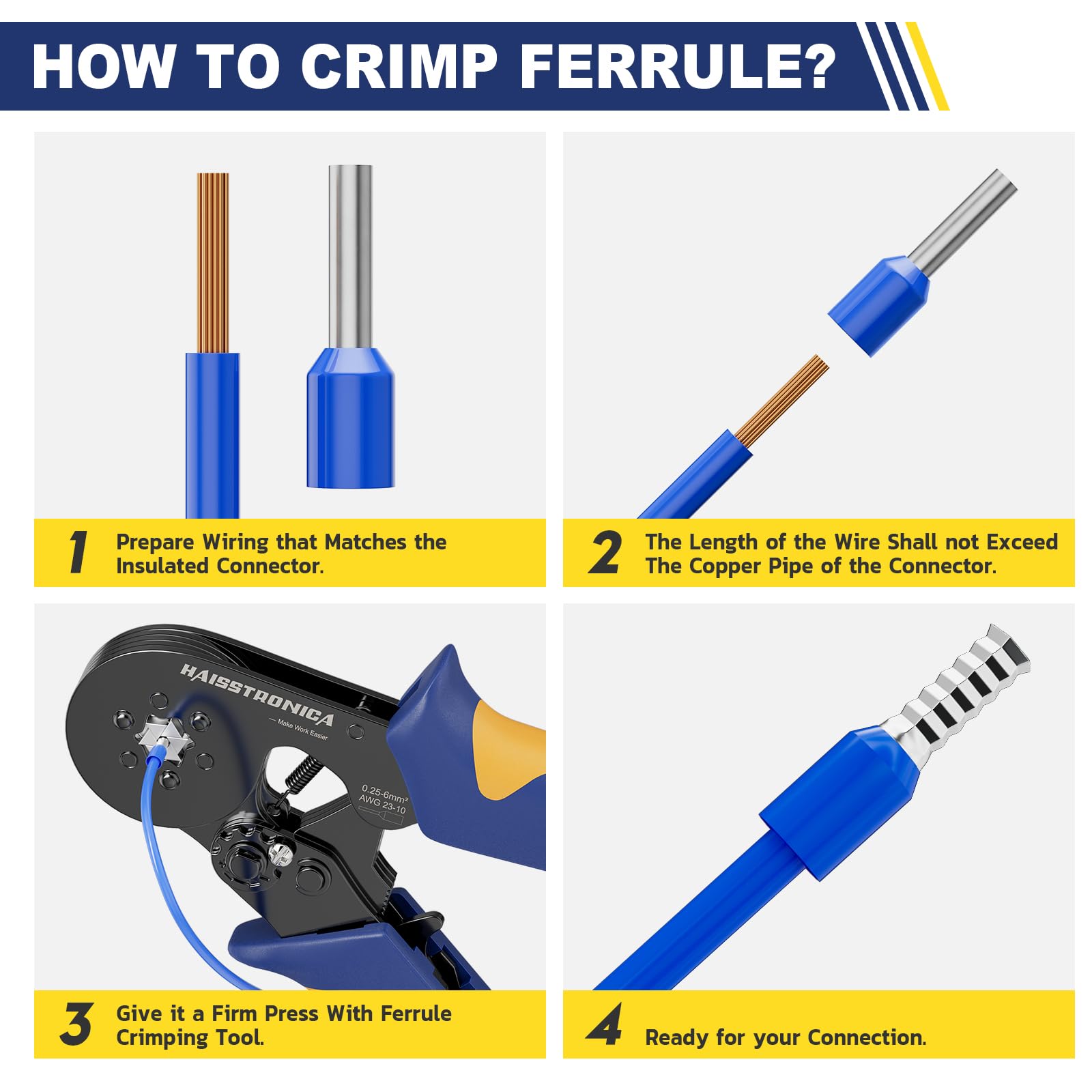 Step-by-step instructions to crimp ferrules with Haisstronica tool for secure, long-lasting electrical connections.