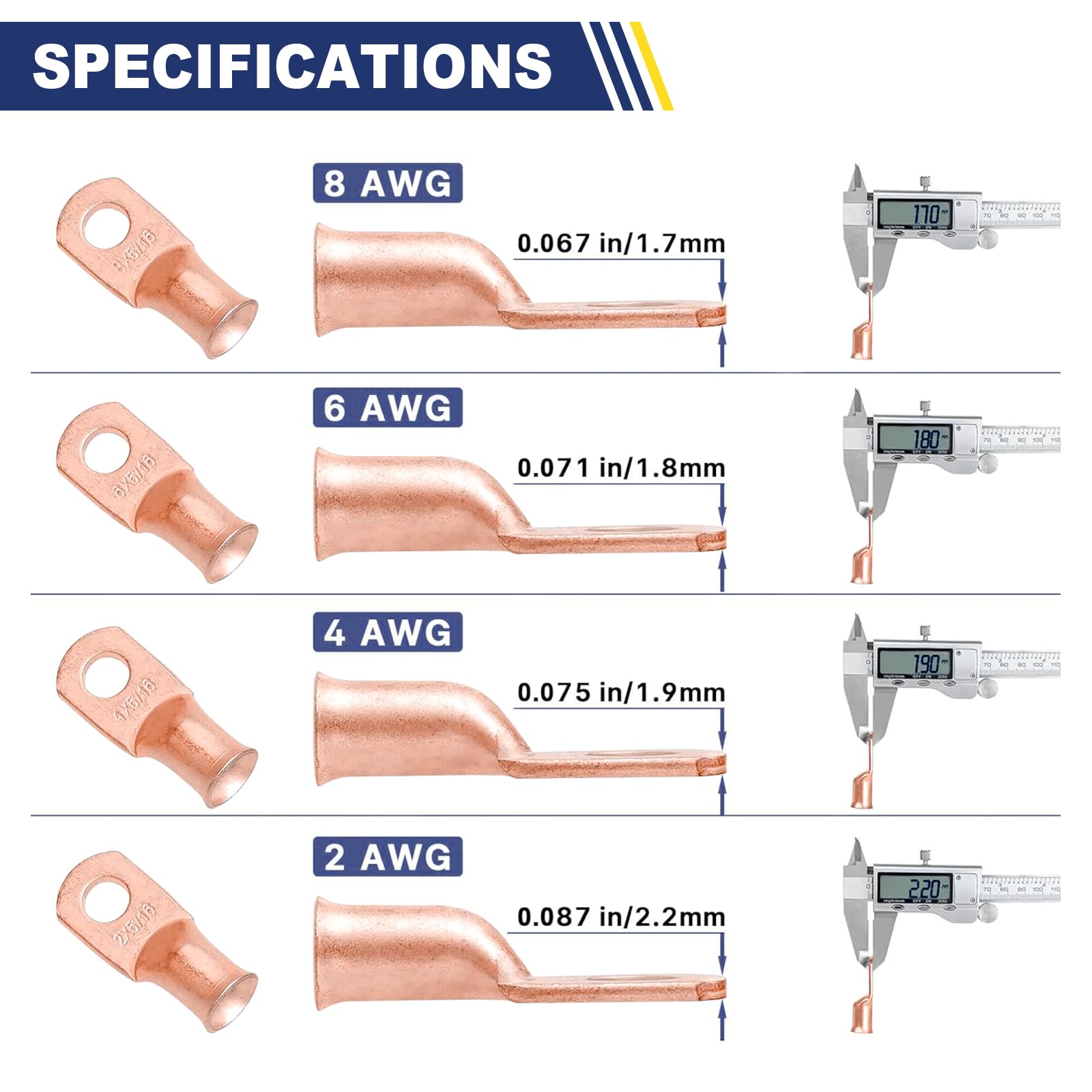 Haisstronica copper crimp sleeve: Specs for 8/6/4/2 AWG lugs (1.7-2.2mm thickness) for durable crimping.