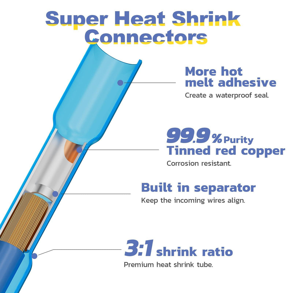 3:1 adhesive heat shrink butt connectors with tinned copper barrels