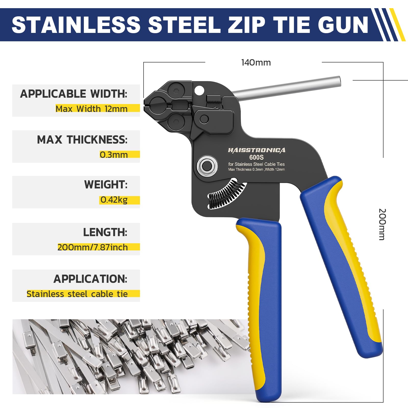 Stainless cable tie gun dimensions shown; supports 12mm width, 0.3mm thickness; lightweight 0.42kg, 200mm length tool.