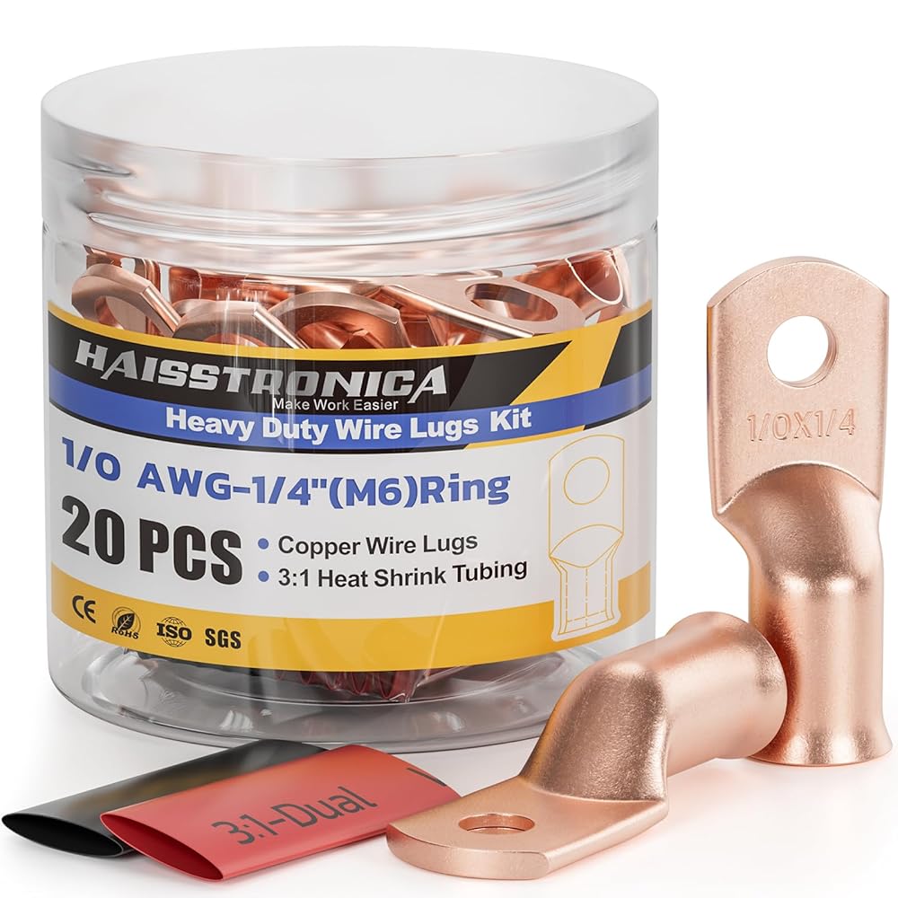 Haisstronica heavy-duty battery cable terminals kit: 20 PCS 1/0 AWG-1/4"(M6) copper lugs with 3:1 heat shrink tubing, ideal for crimp on battery terminals.