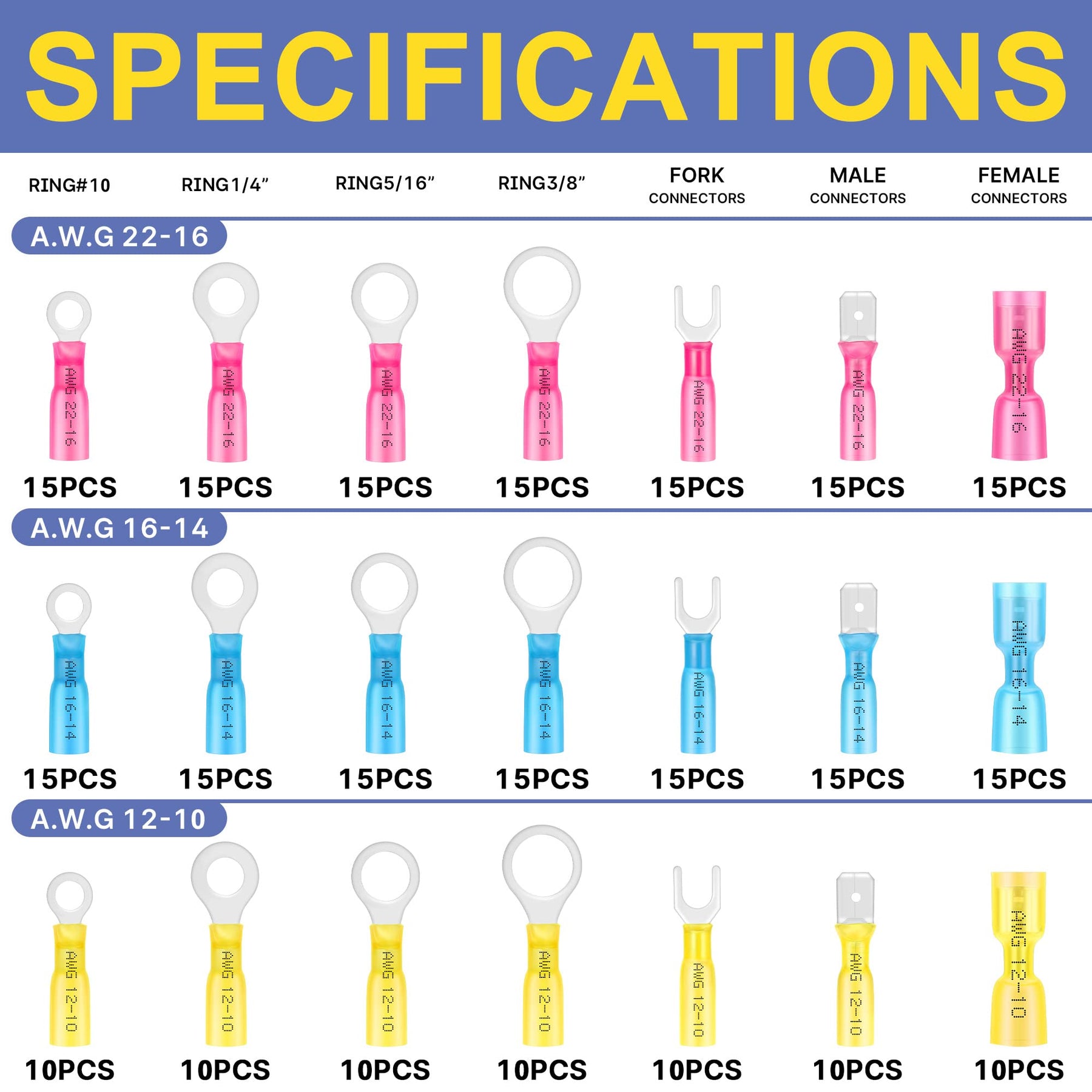 Haisstronica heat shrink crimp connectors, 15pcs pink fork type, AWG 22-16, U-shaped design.