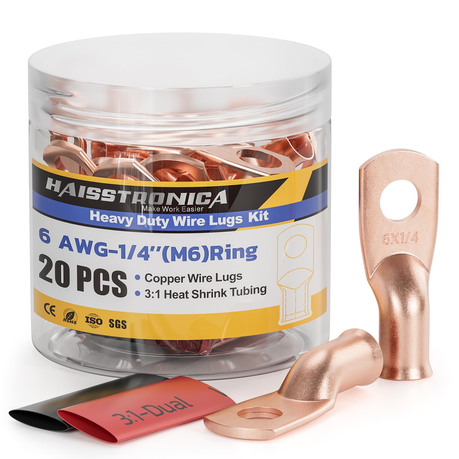 Haisstronica 6 AWG-1/4" Copper Crimp Connectors – M6 Ring Terminals, 3:1 Heat Shrink Tubing, 20PCS1