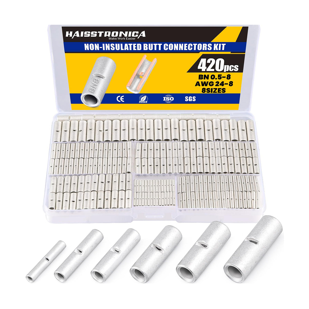 Haisstronica non-insulated but connectors kit: 420PCS BN0.5-8 terminals (AWG24-8), 600V-rated for heavy-duty applications.