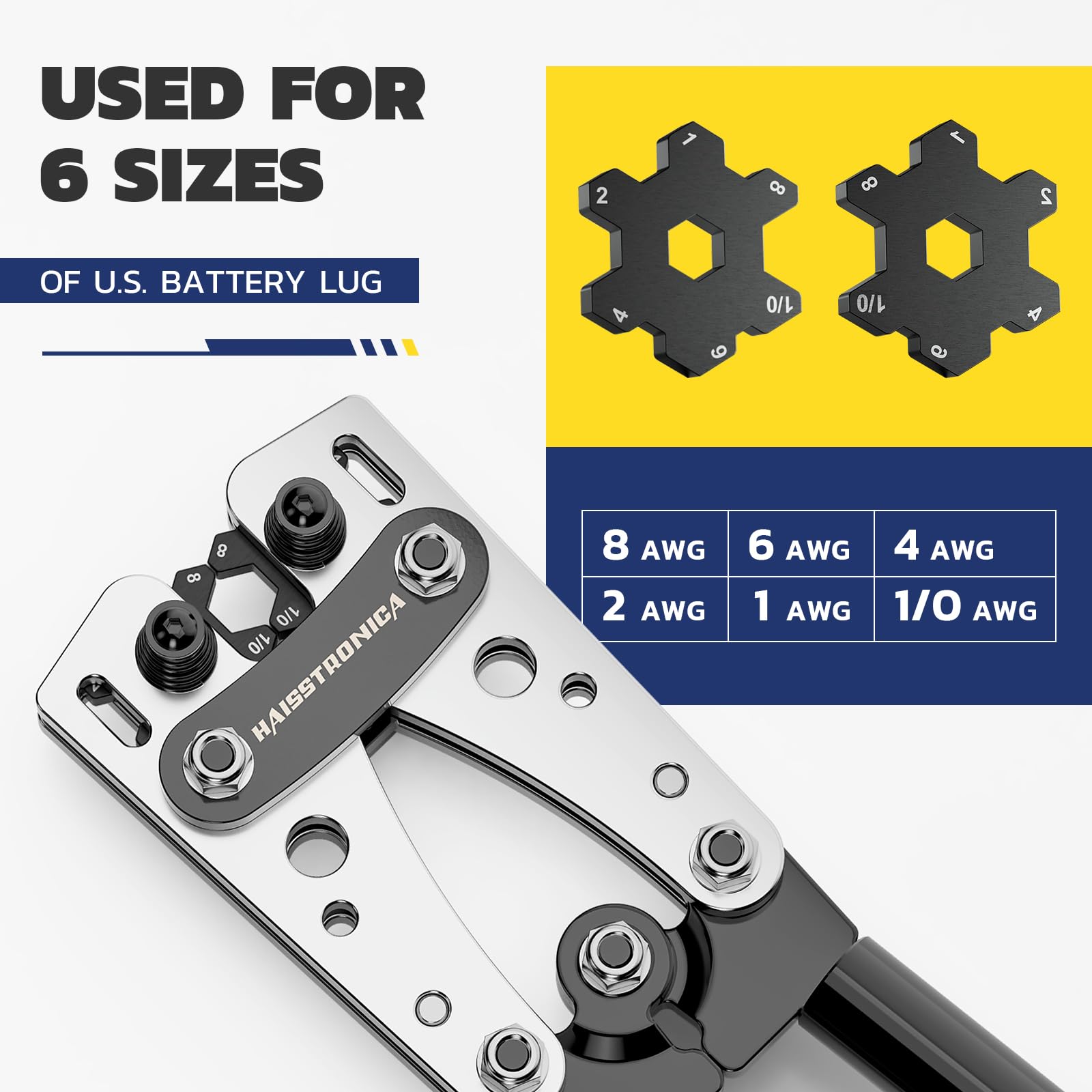 Haisstronica battery lug crimping tool compatible with 6 sizes of U.S. battery lugs (1/0-8 AWG) for automotive/industrial use.