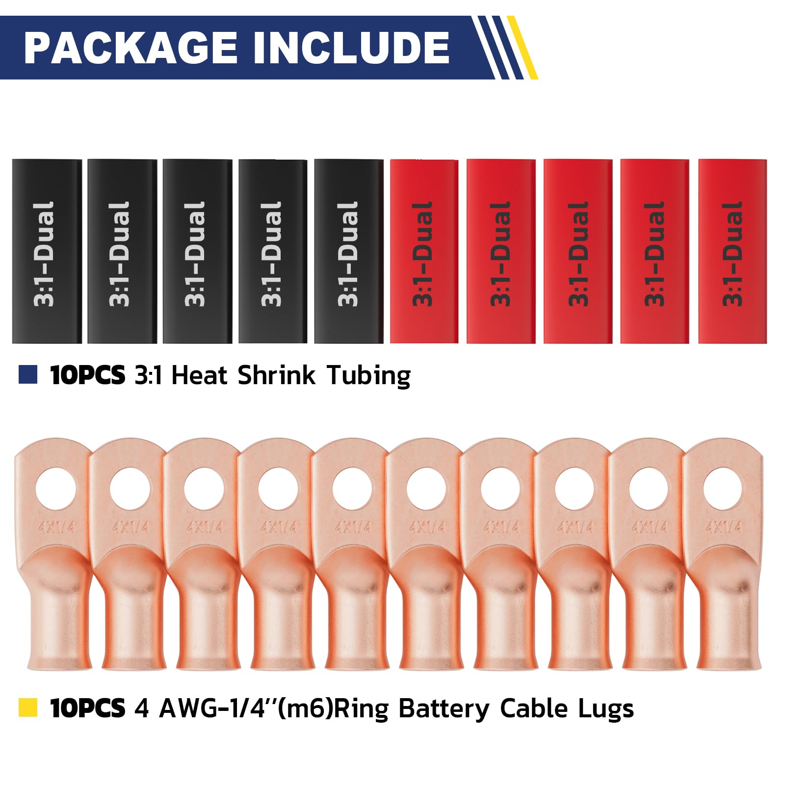 Haisstronica 4 AWG-1/4" M6 ring battery wire connectors, 10PCS kit, includes 3:1 heat shrink tubing for durability.