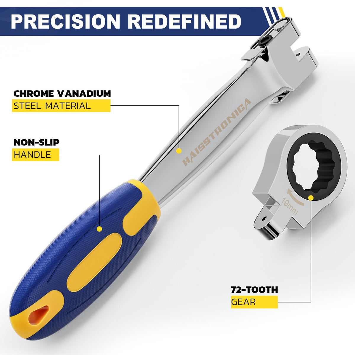 Haisstronica electric ratchet wrench, 19mm socket, chrome vanadium steel, 72-tooth gear, non-slip handle, professional-grade tool.