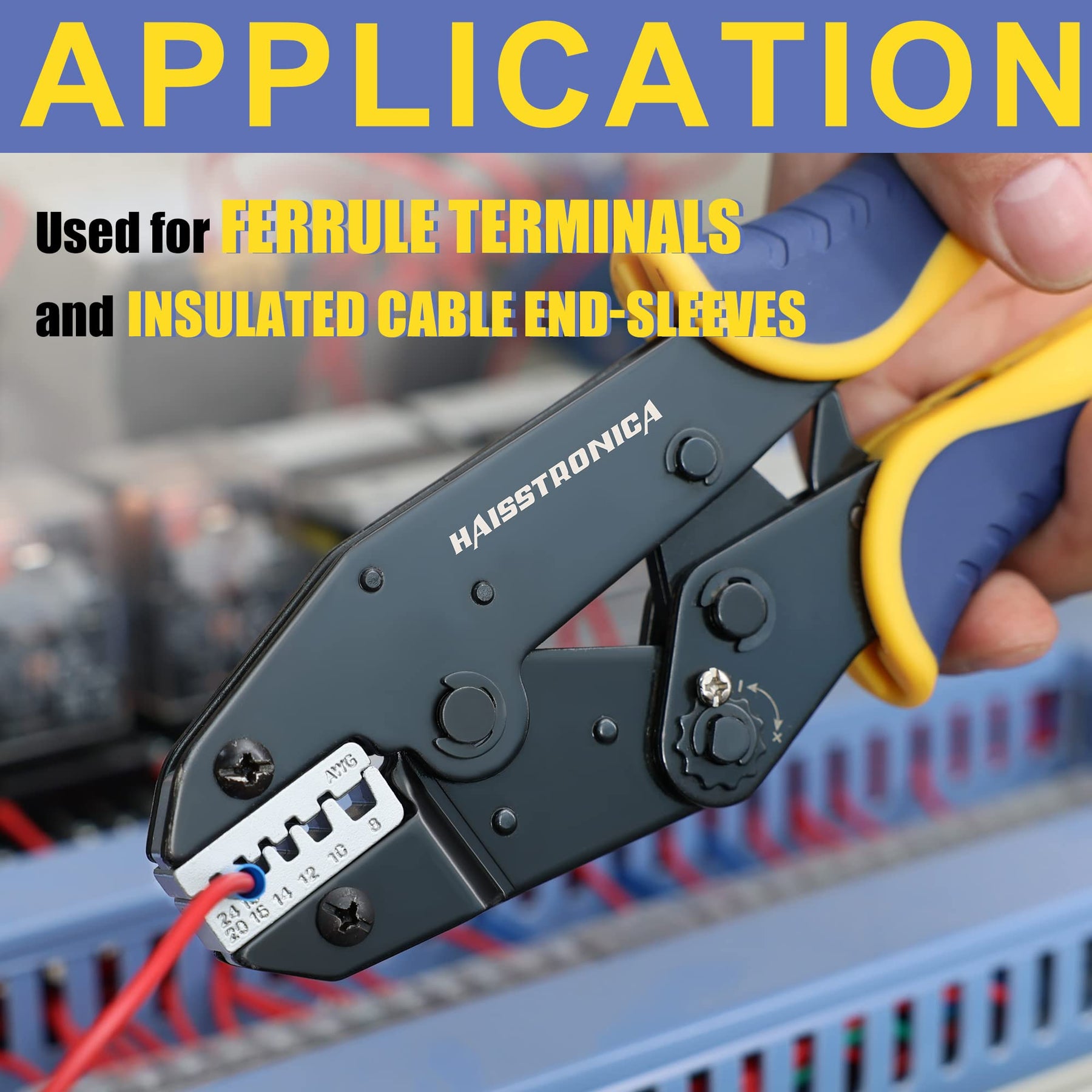 Haisstronica crimping tool for insulated ferrules and cable lugs.