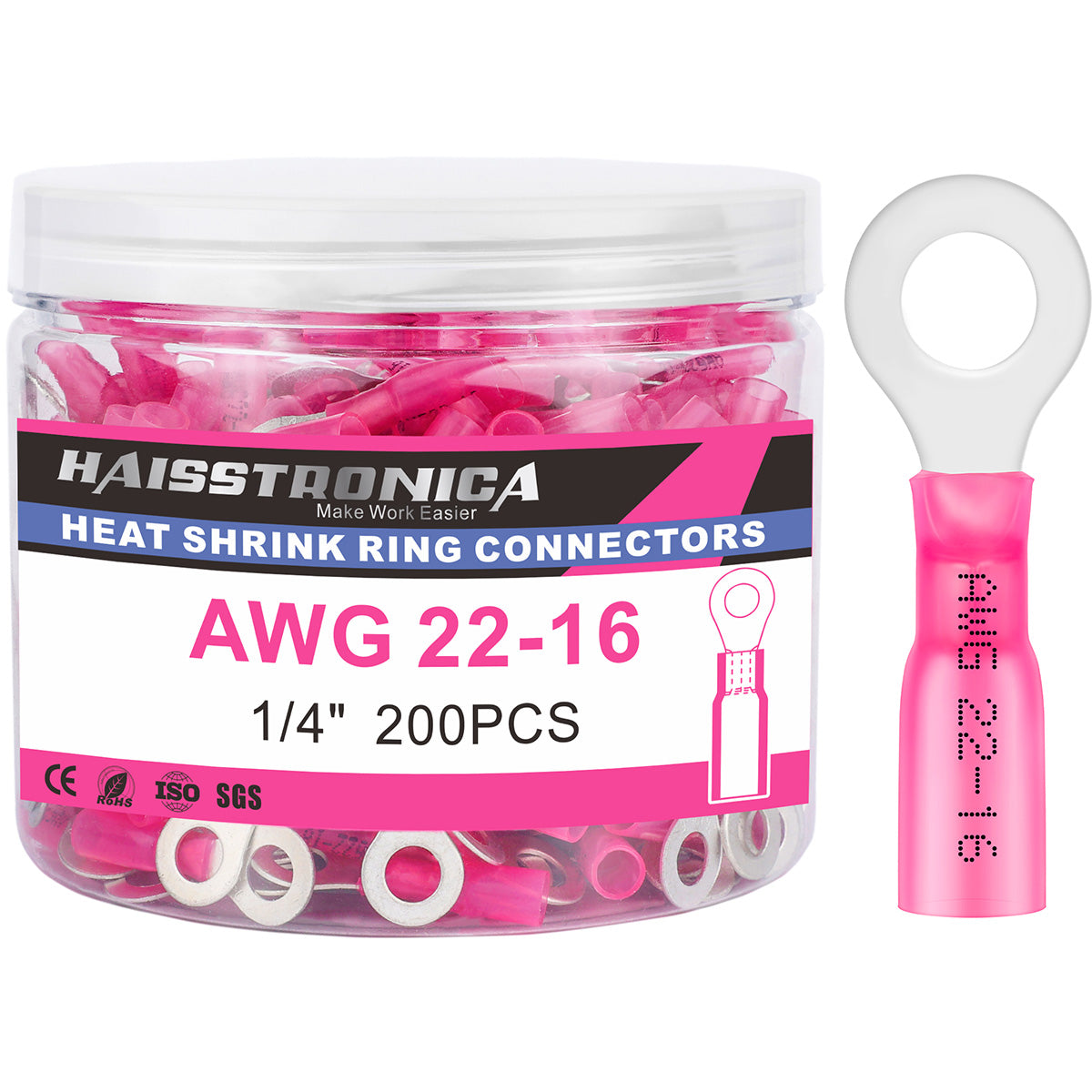 Haisstronica heat shrink ring terminal connectors, 1/4" 200PCS, designed for AWG 22-16 applications.