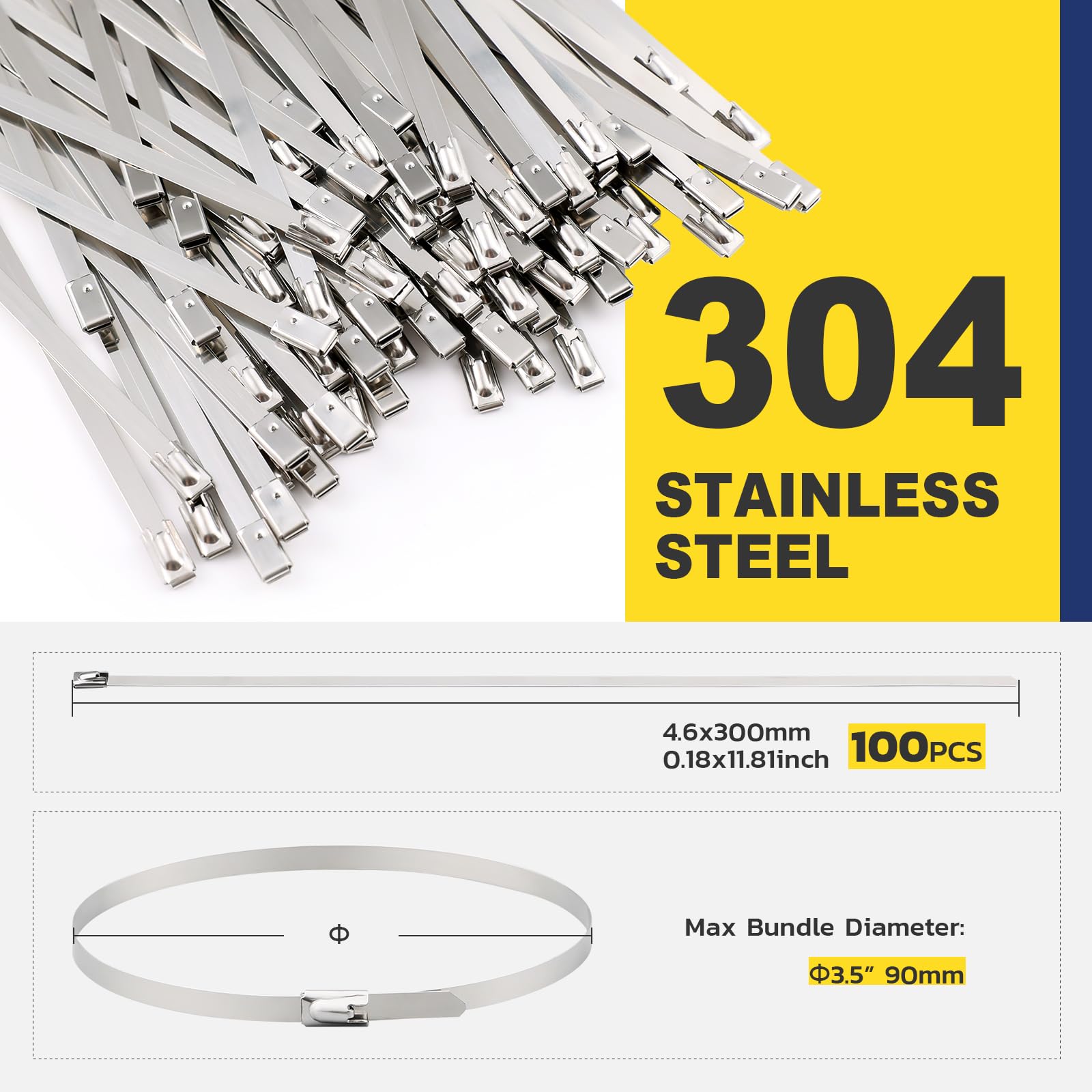 100pcs 304 stainless steel ties, 4.6×300mm, for zip tie tools; max bundle diameter 90mm; corrosion resistant and tidy.